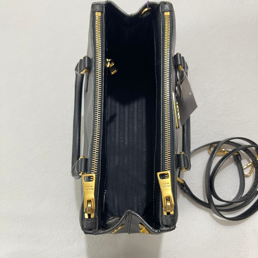 Prada Galleria Saffiano Leather Small Black Handbag with Strap - Style 2