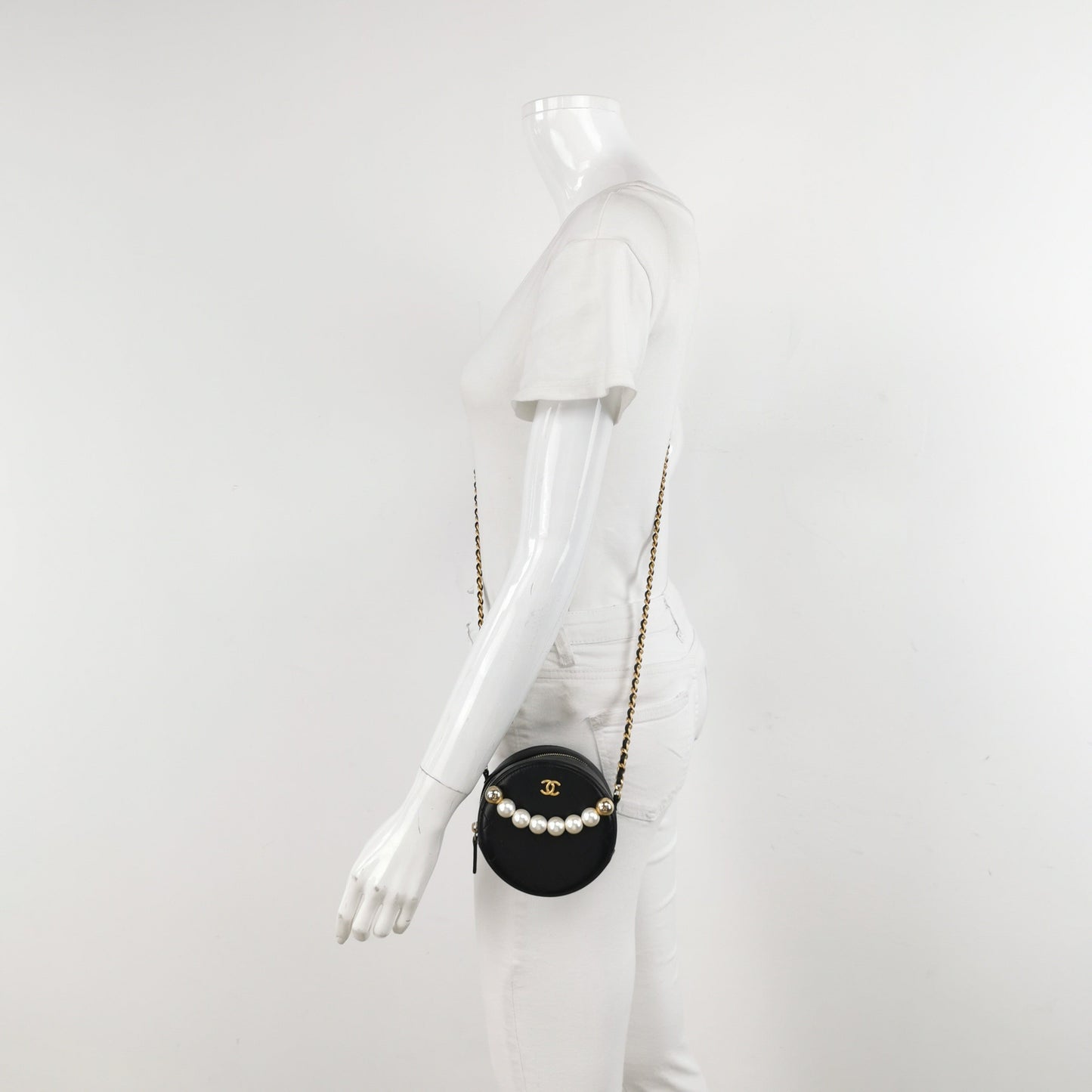 Chanel Round Black Lambskin Leather Crossbody Bag with Matelasse Chain and Pearls