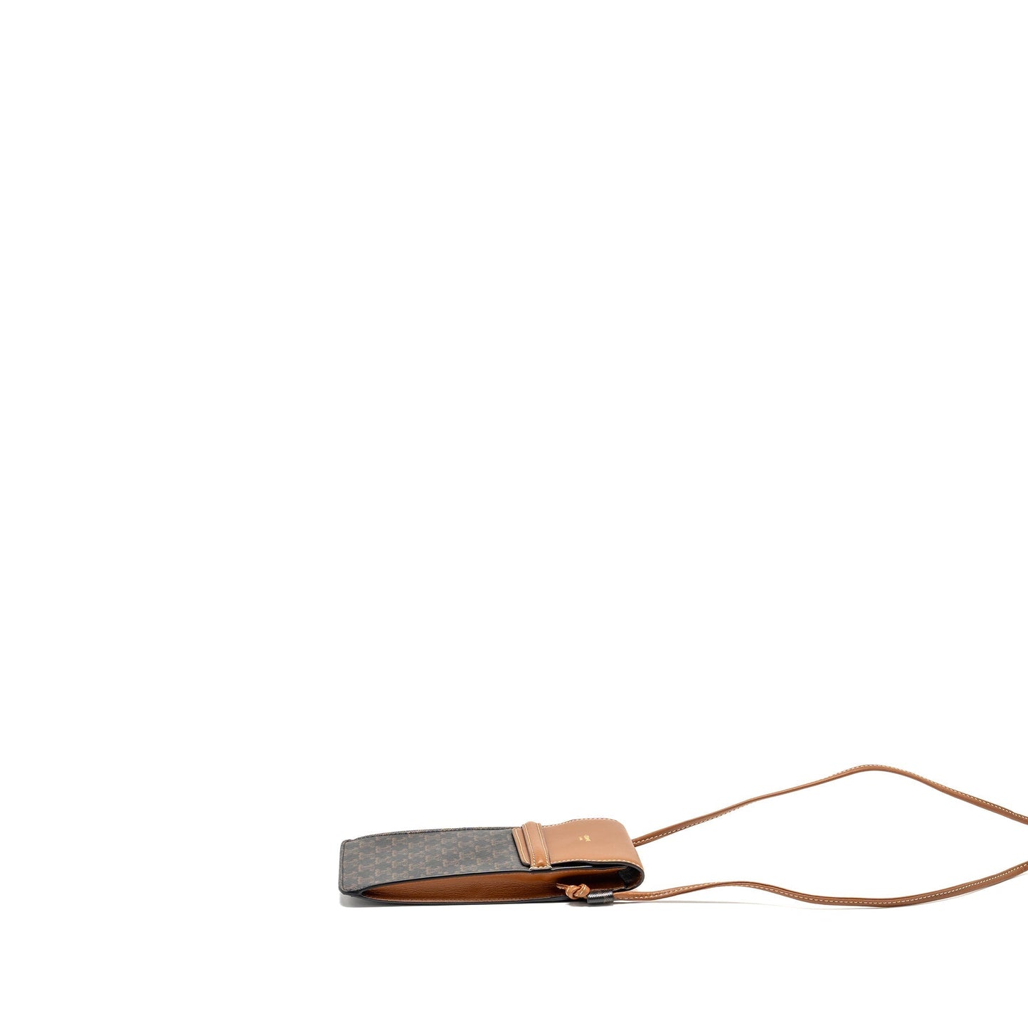Luxury CELINE Phone Pouch with Flap Triomphe Canvas /Lambskin Tan