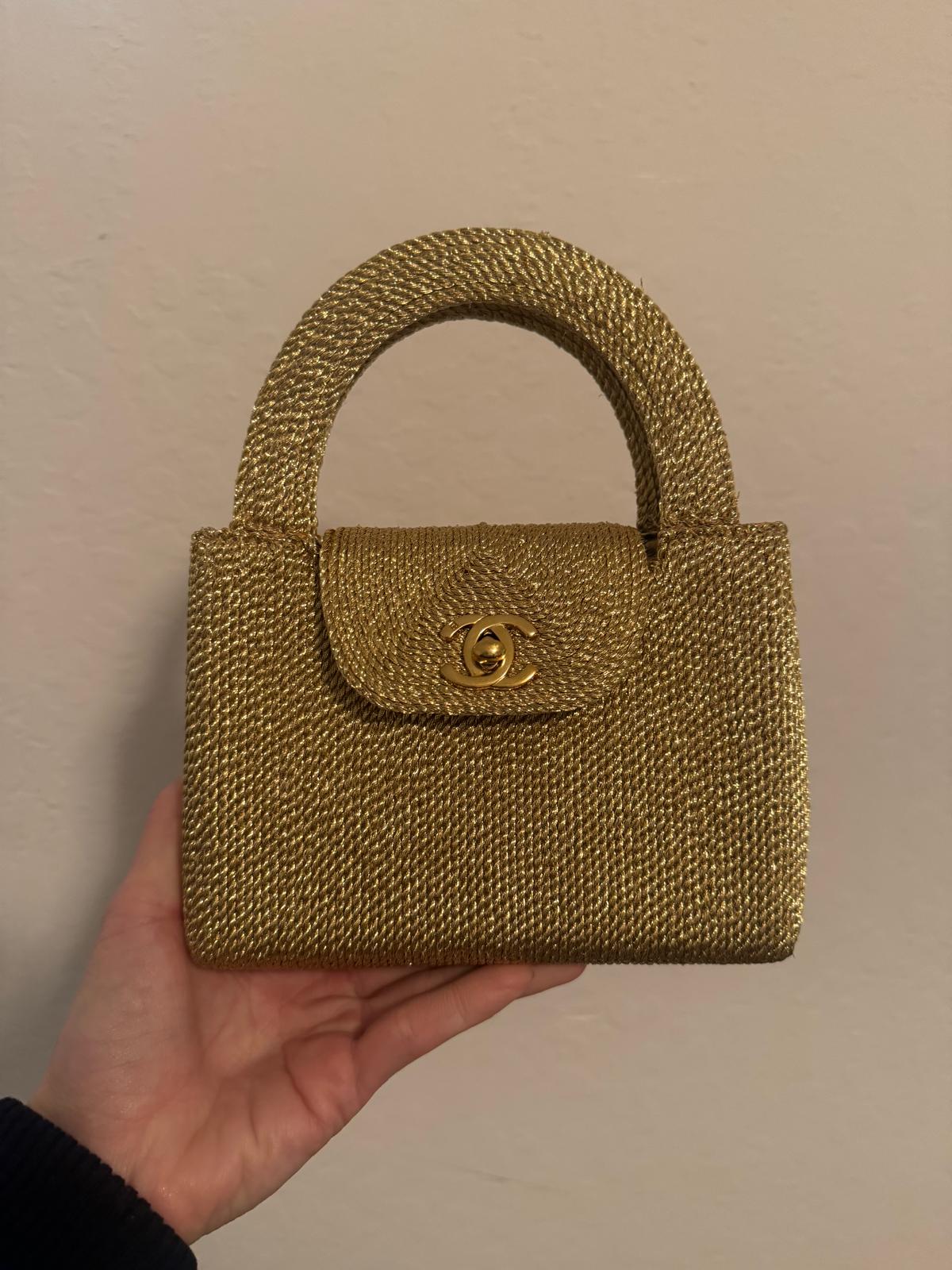 Rare Chanel 1998 Gold Silk Woven Mini Kelly Bag