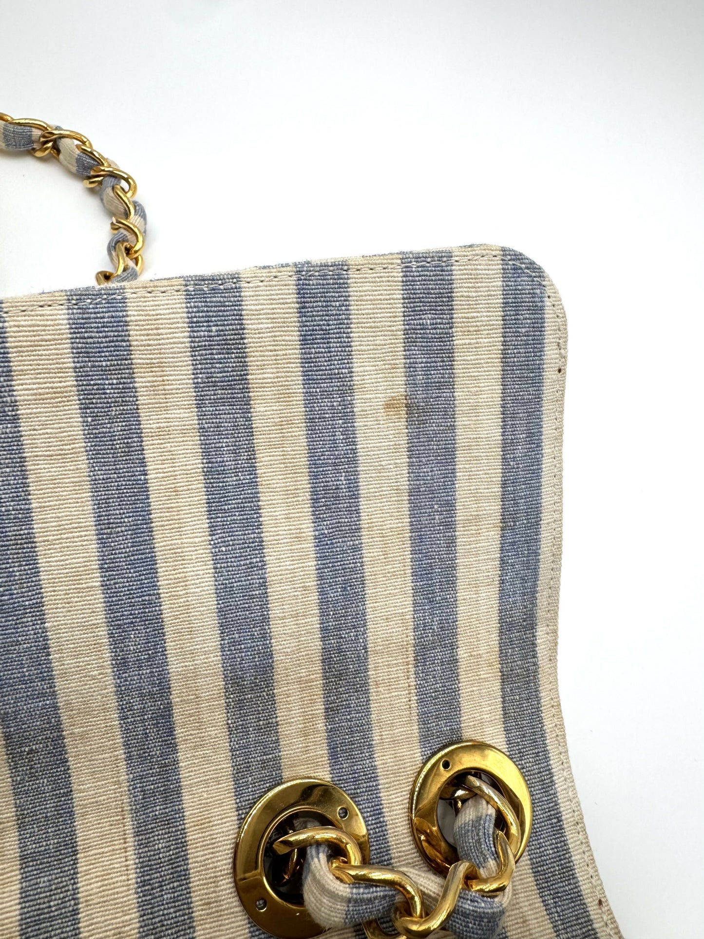 Chanel 1990s Jumbo Blue and White Striped Linen and Cotton Classic Flap Bag