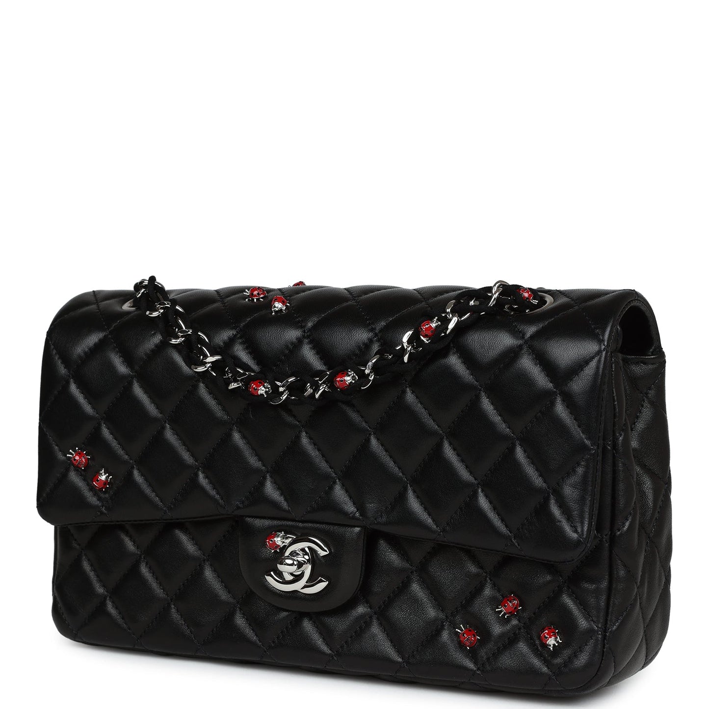 Chanel Medium Bug Single Flap Bag Black Lambskin Silver Hardware