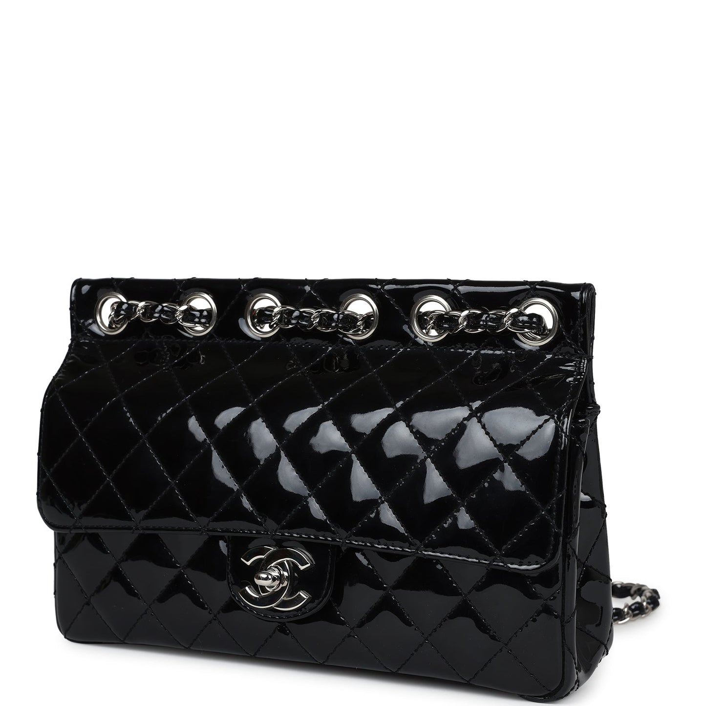 Chanel Chain Through Flap Bag Black Patent Silver Hardware