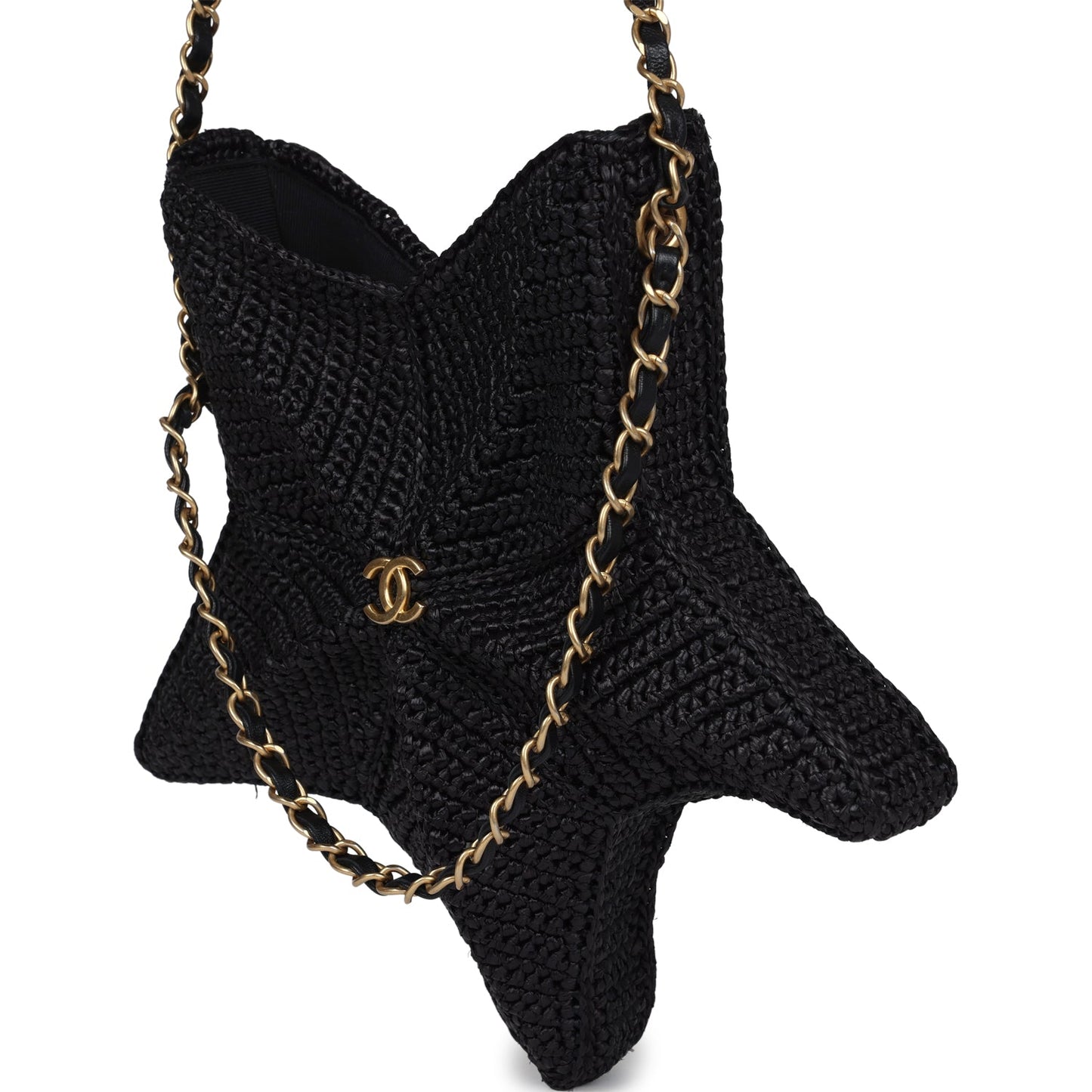 Chanel Star Coco Beach Bag Black Raffia Aged Gold Hardware