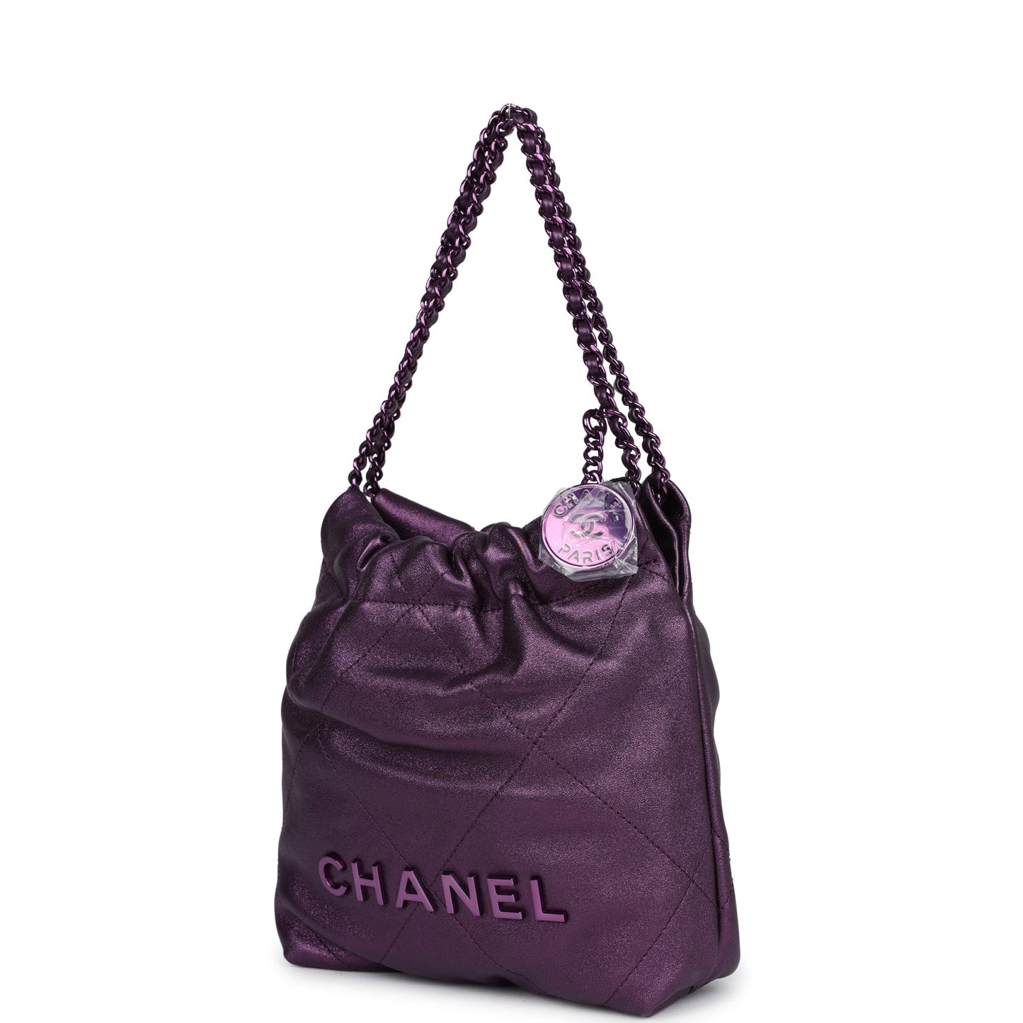 Chanel Mini 22 Bag Dark Purple Metallic Lambskin Lacquered Metal Hardware