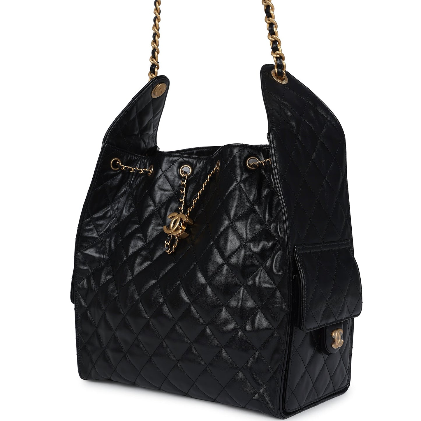 Chanel Medium 25 Hobo Bag Black Shiny Lambskin Antique Gold Hardware