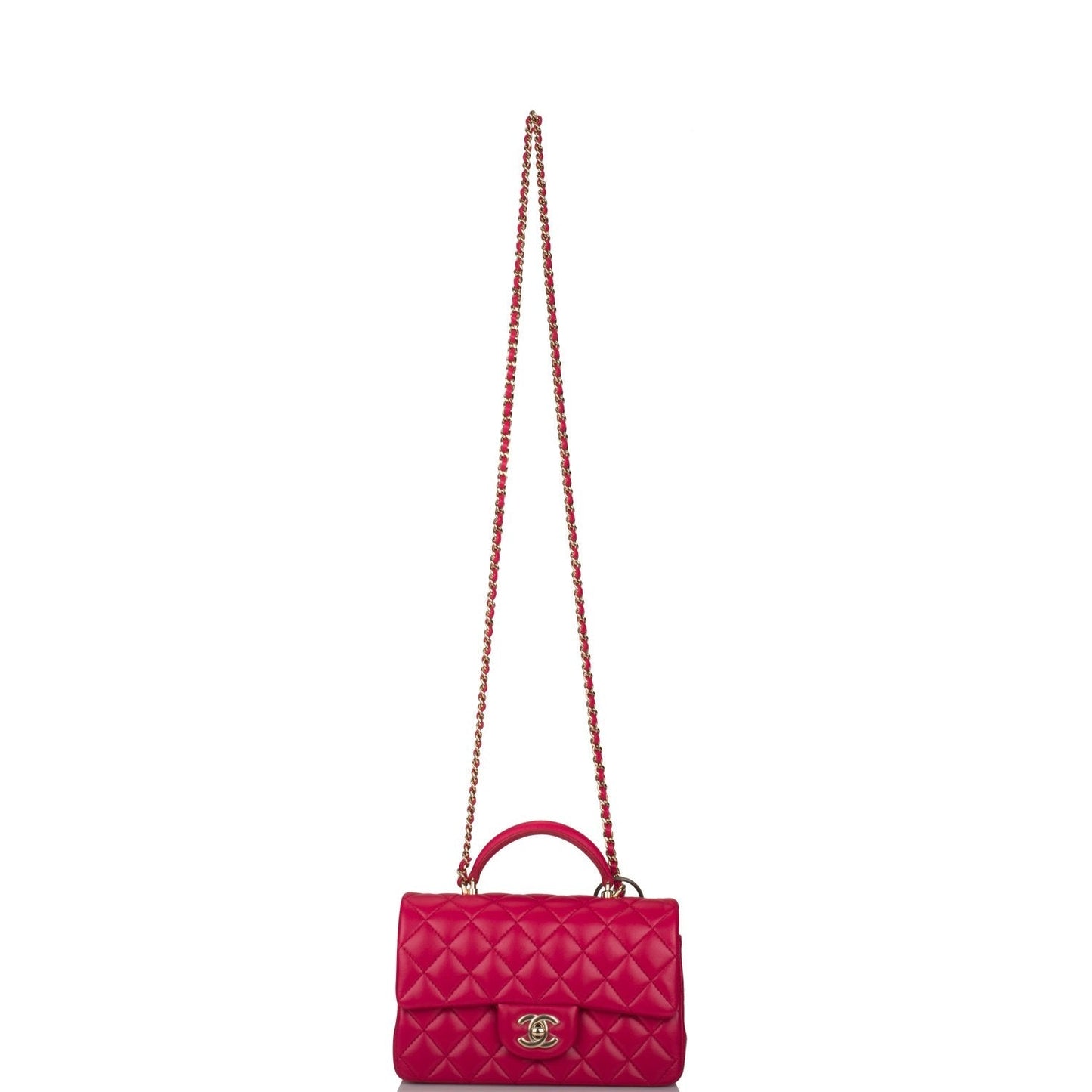 Chanel Mini Rectangular Flap with Top Handle Dark Pink Lambskin Light Gold Hardware