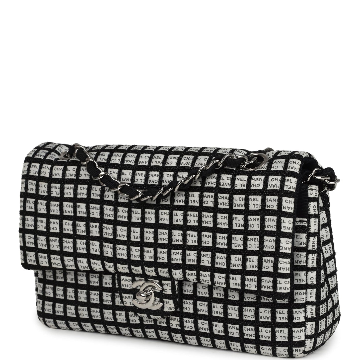 Chanel Medium Logo Ribbon Classic Double Flap Bag White and Black Canvas and Tweed Silver Hardware