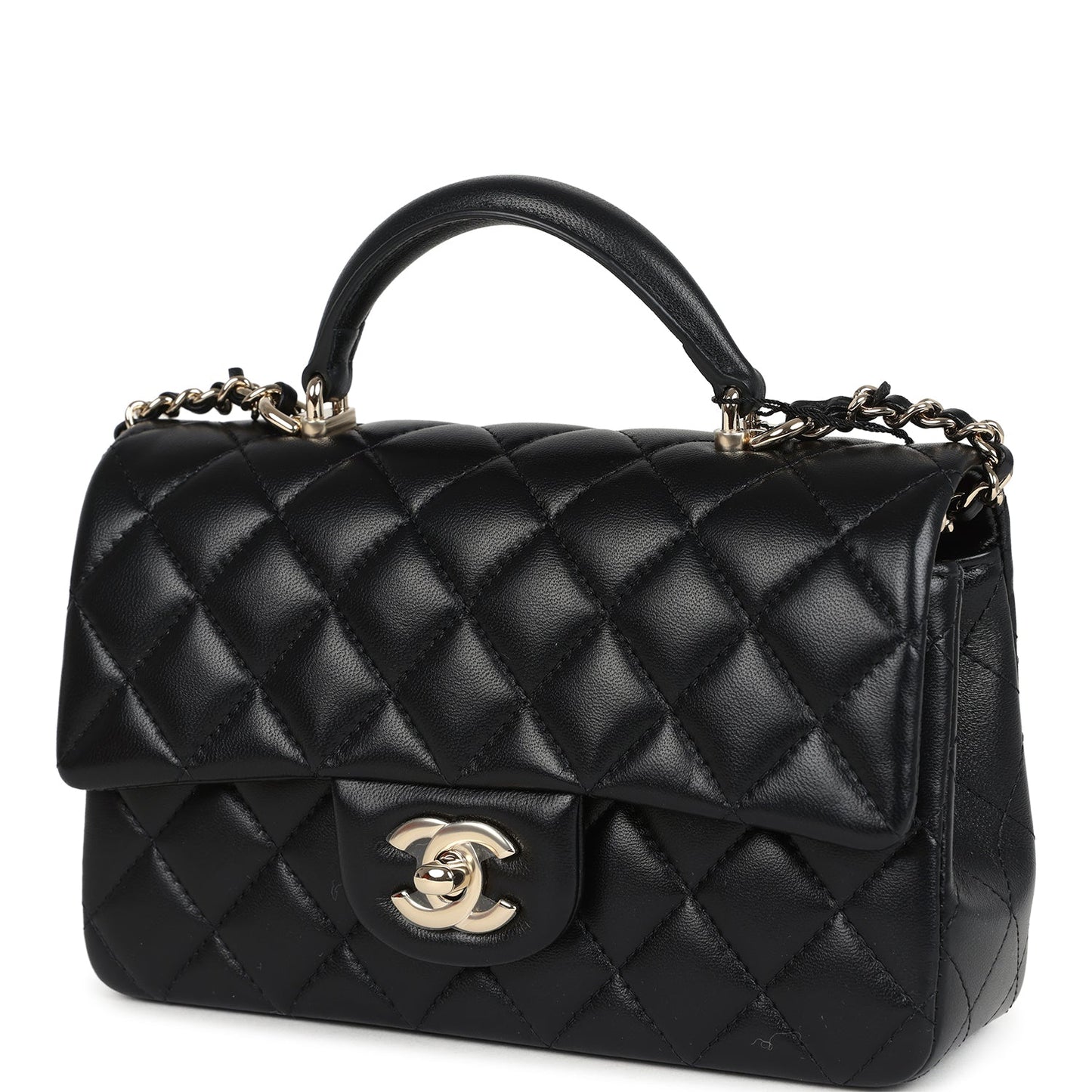 Chanel Mini Rectangular Top Handle Flap Bag Black Lambskin Light Gold Hardware