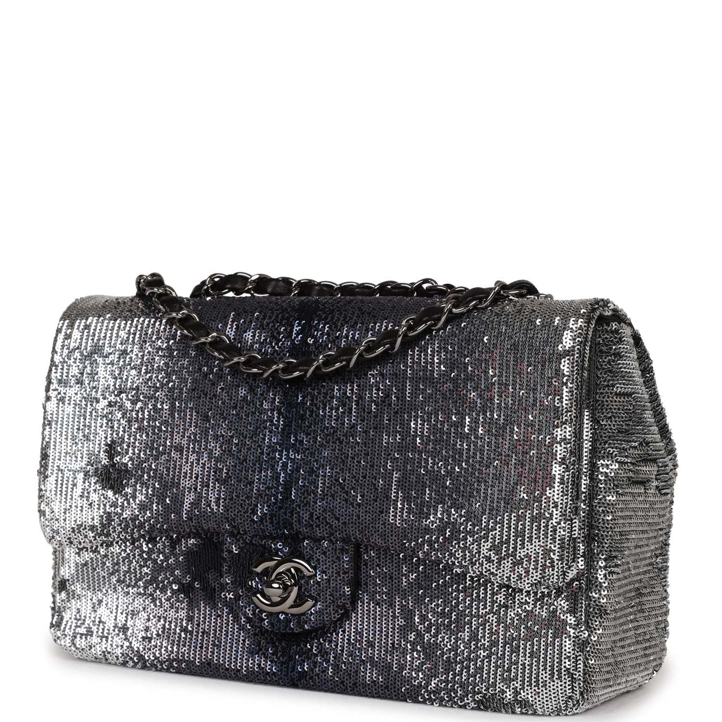 Chanel Small Classic Flap Bag Black and Silver Sequins Silver Hardware
