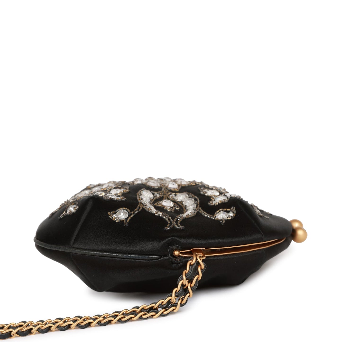 Chanel Clutch Bag Black Satin Embellished Antique Gold Hardware