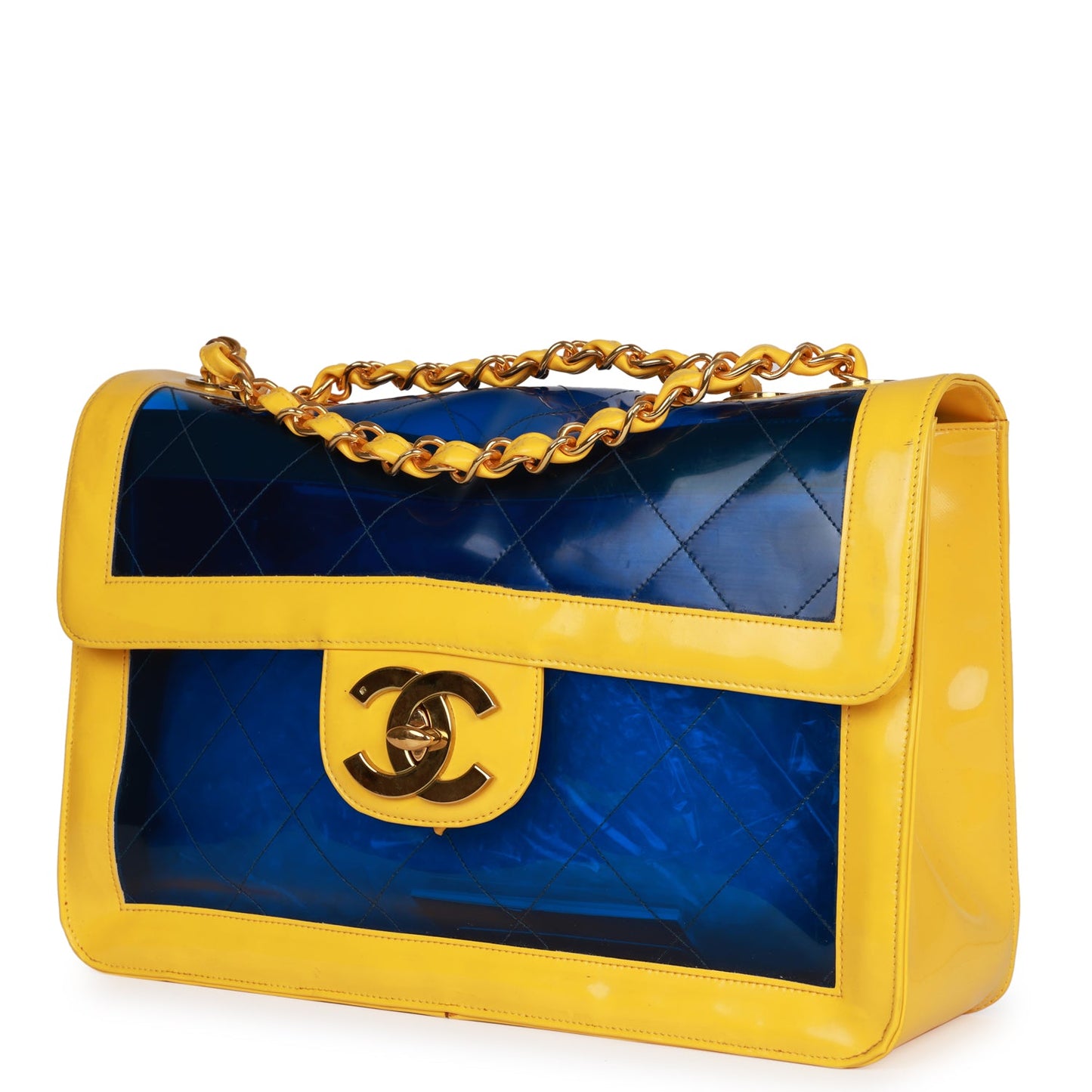Chanel Maxi Flap Bag Yellow/Blue Quilted Patent Leather Gold Hardware