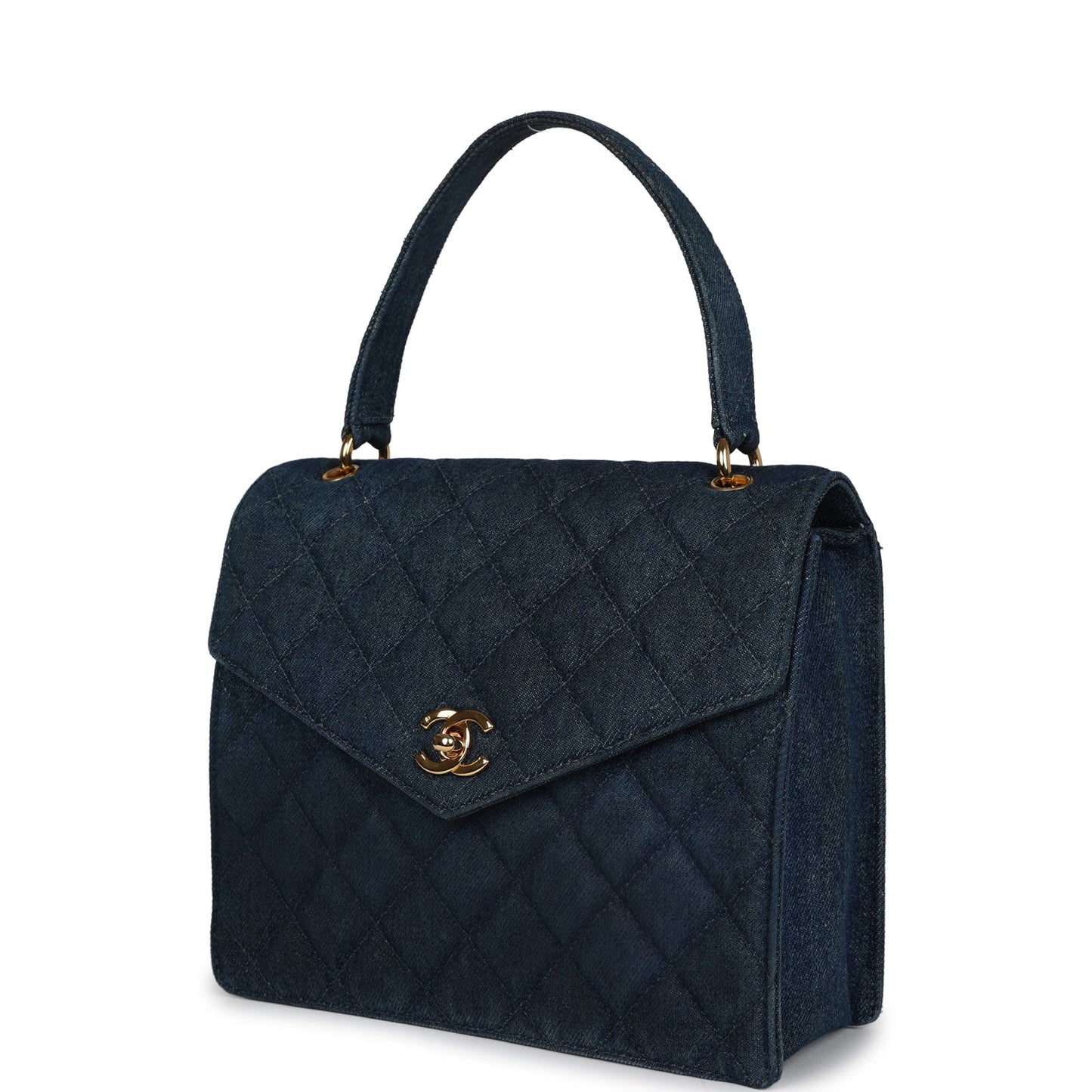 Chanel Envelope Flap Top Handle Handbag Dark Blue Denim Gold Hardware