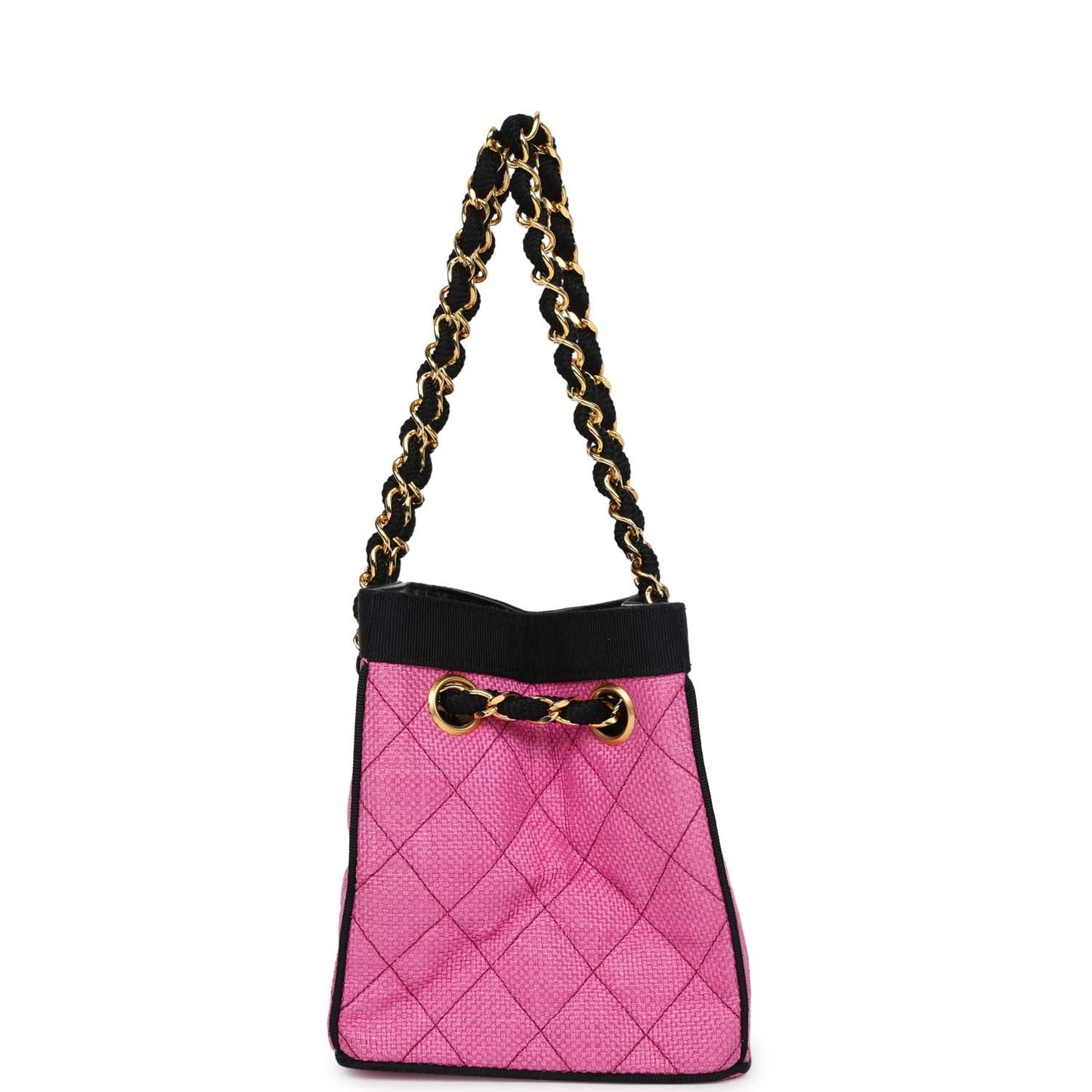 Chanel Set of Two Mini Bucket Bag & Oval Handbag Pink and Black Raffia Gold Hardware