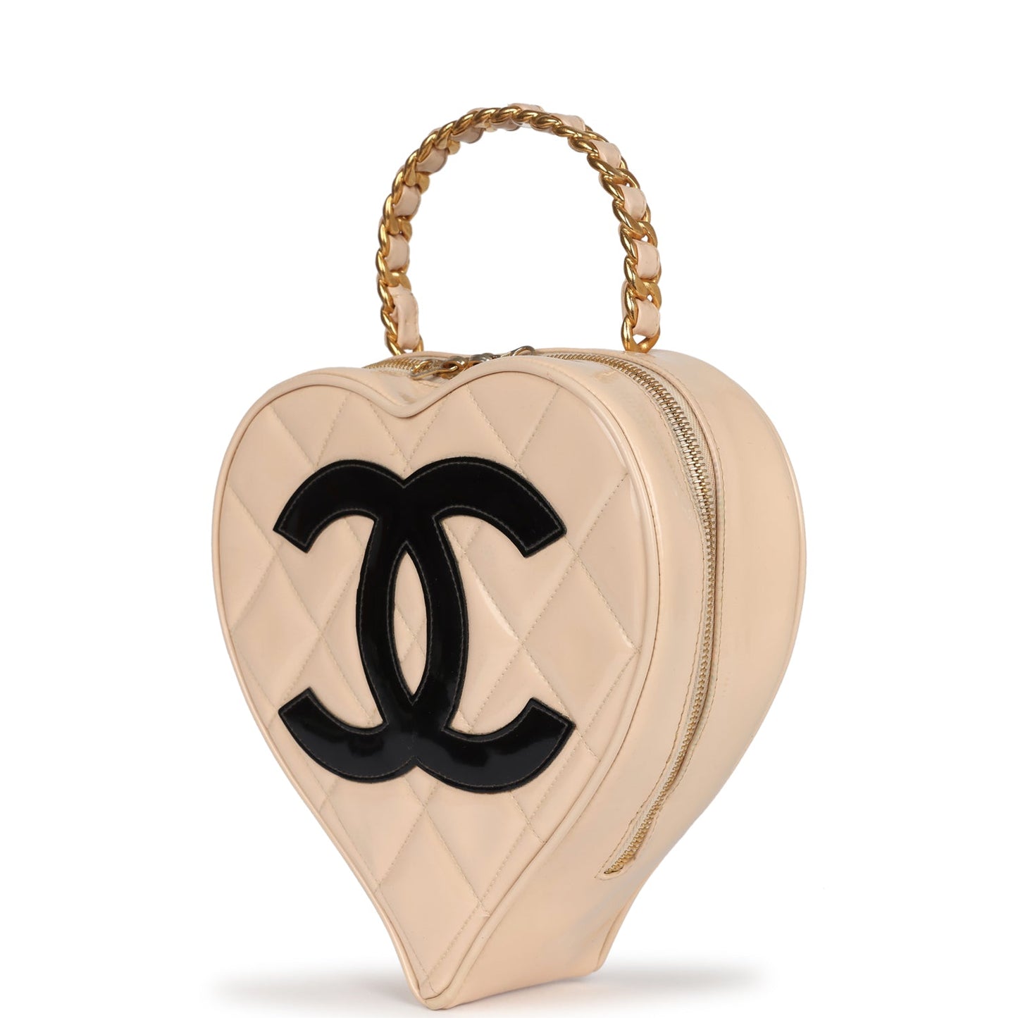 Chanel Heart Vanity Bag Beige and Black Patent Antique Gold Hardware