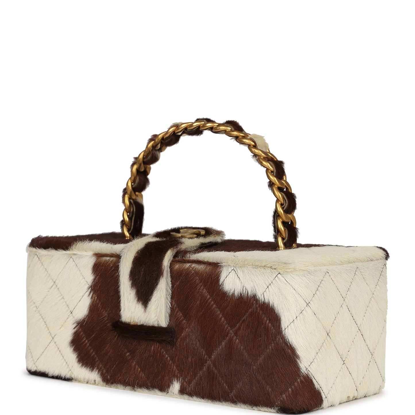 Chanel Rectangular Vanity Box Brown and White Cow Print Pony Hair Antique Gold Hardware