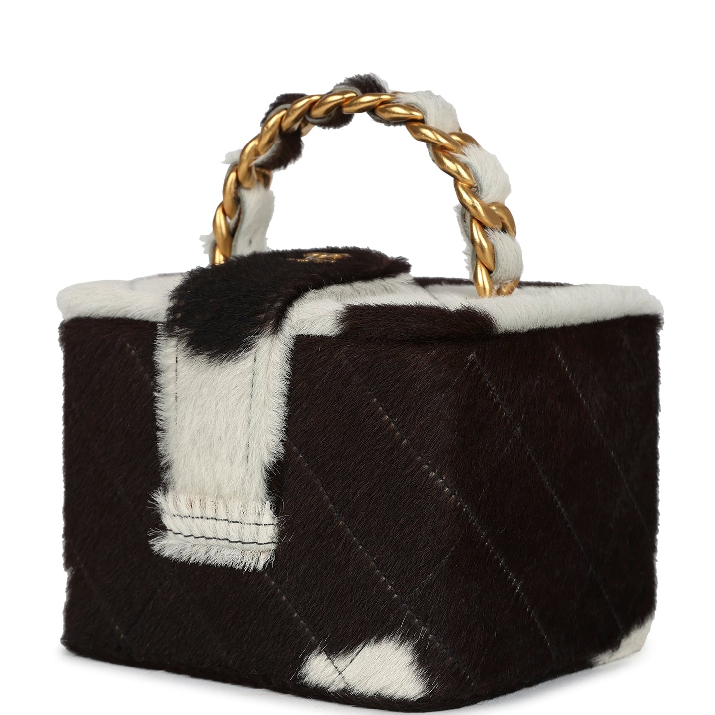 Chanel Square Vanity Box Brown and White Cow Print Pony Hair Antique Gold Hardware