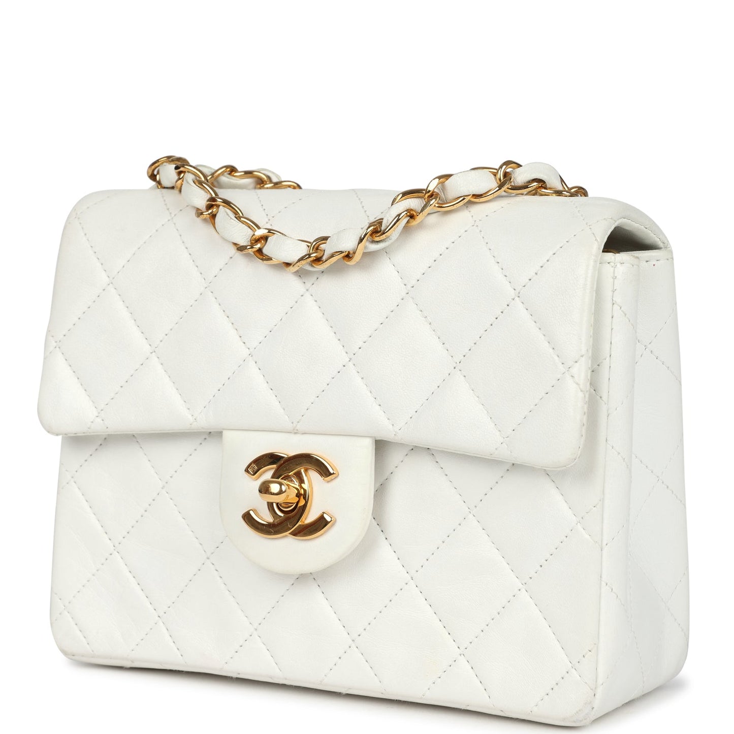 Chanel Mini Square Flap Bag White Lambskin Gold Hardware