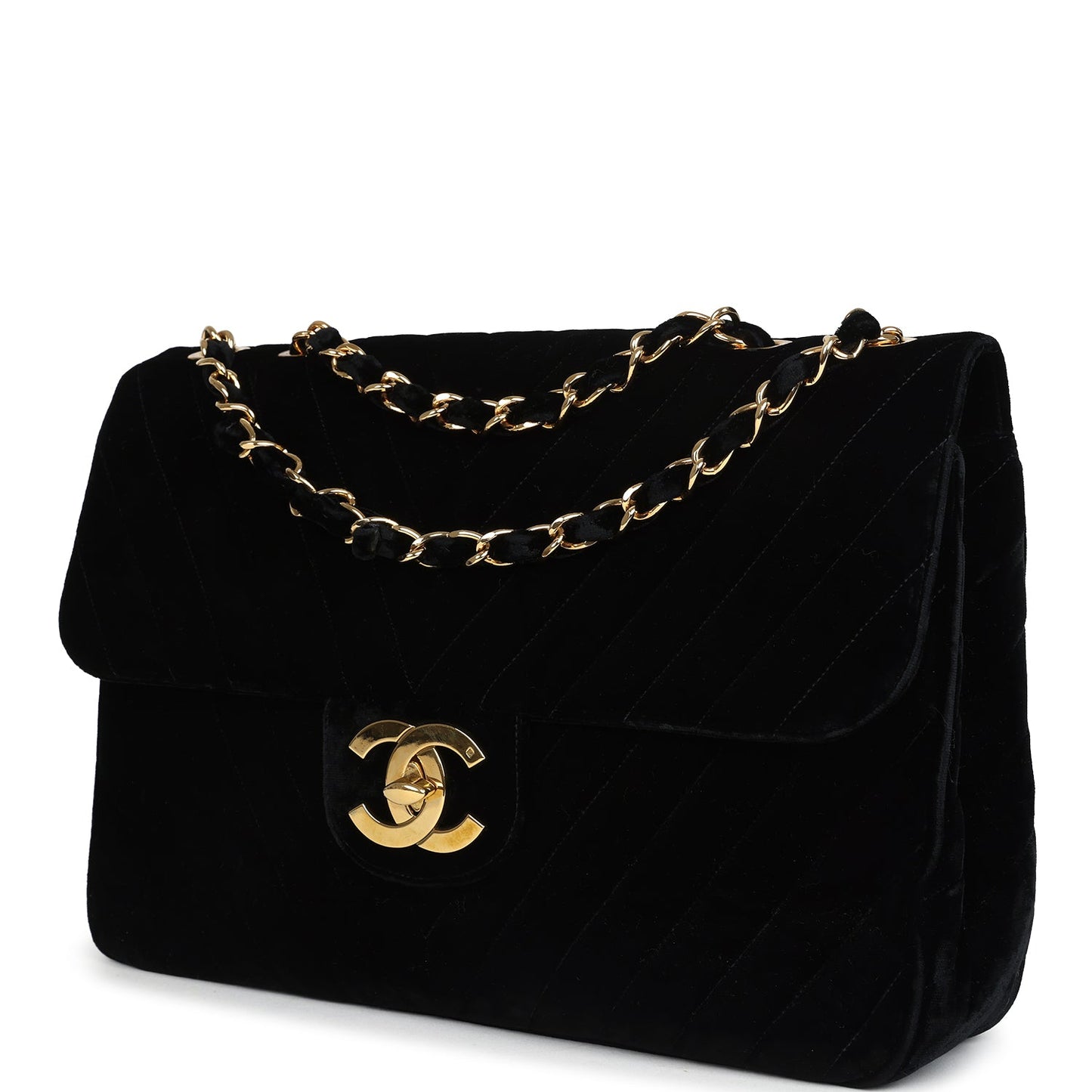 Chanel XL Chevron Single Flap Bag Black Velvet Gold Hardware