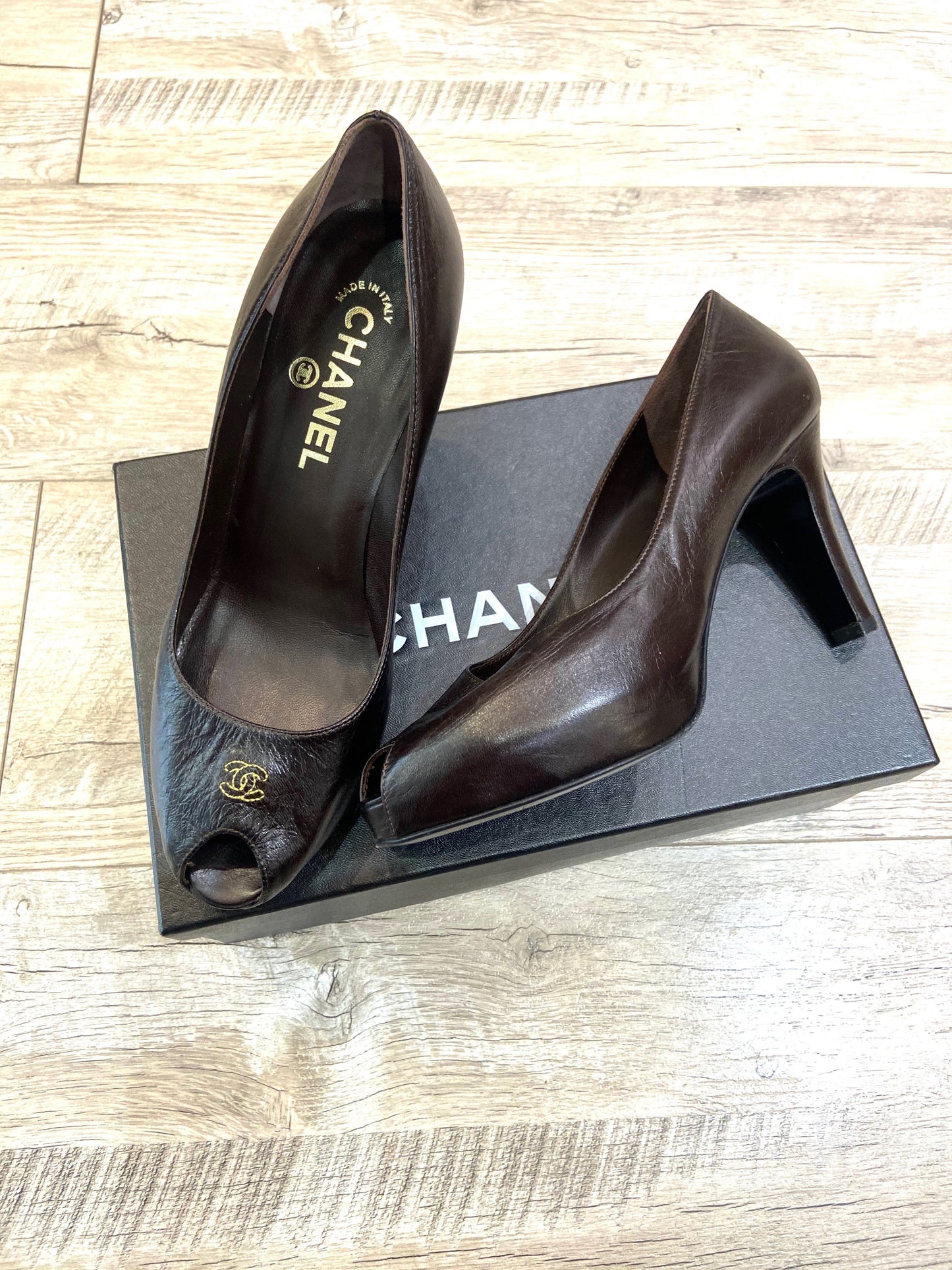CHANEL CC CALFSKIN LEATHER PEEP TOE PUMPS Handbag