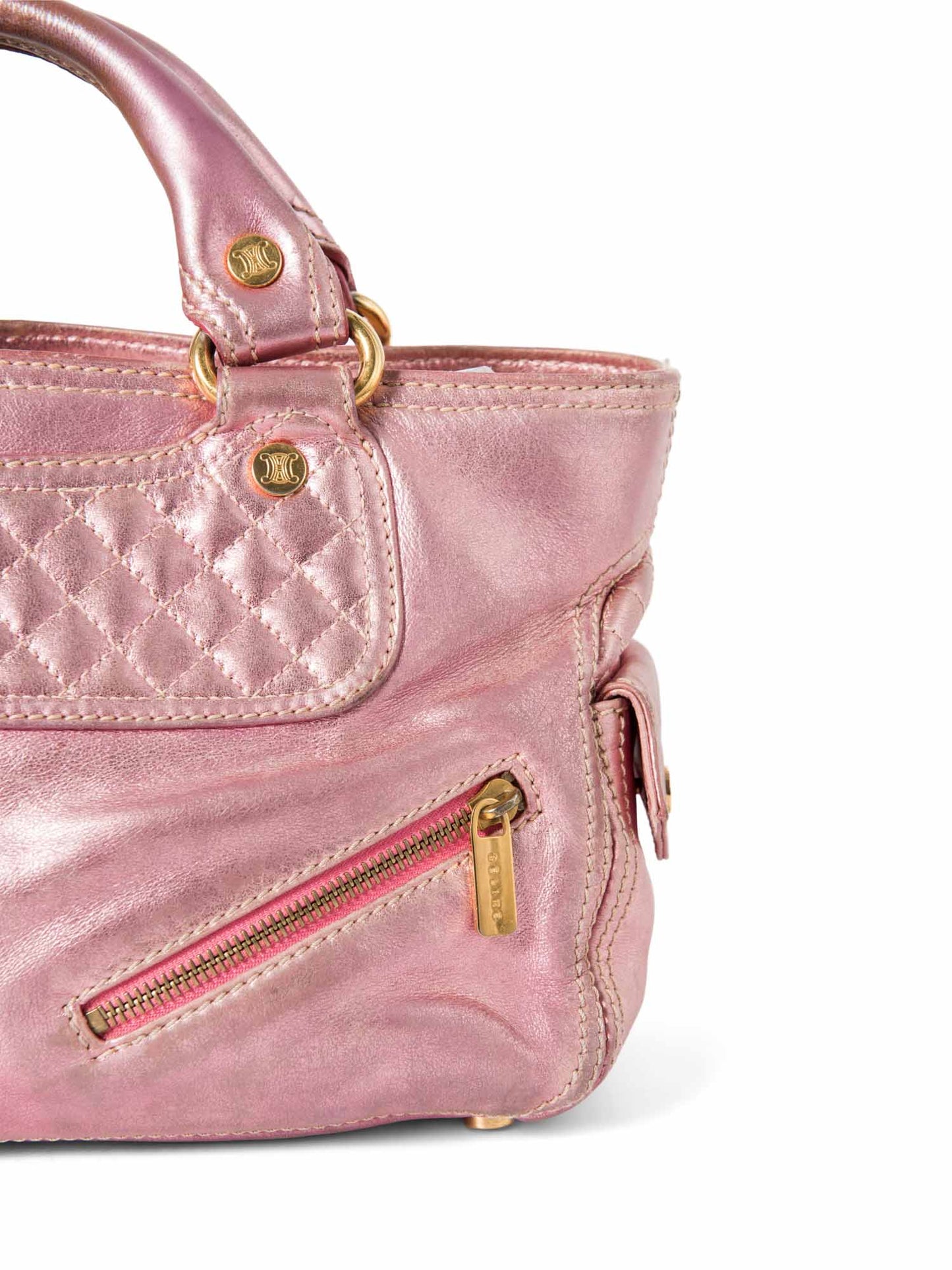 Luxury CELINE Logo Shimmer Leather Boogie Bag Pink Gold