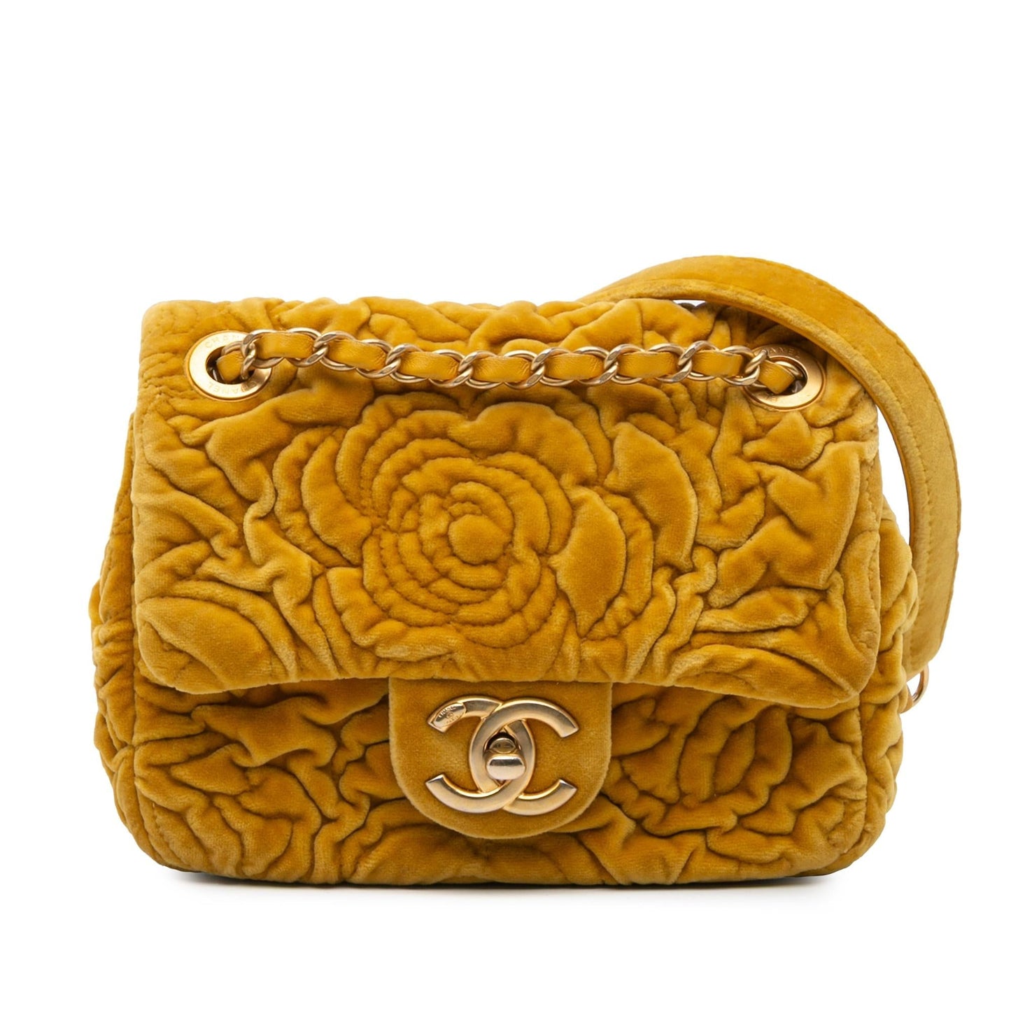 Chanel Mini Square Velvet Camellia Embossed Flap Crossbody