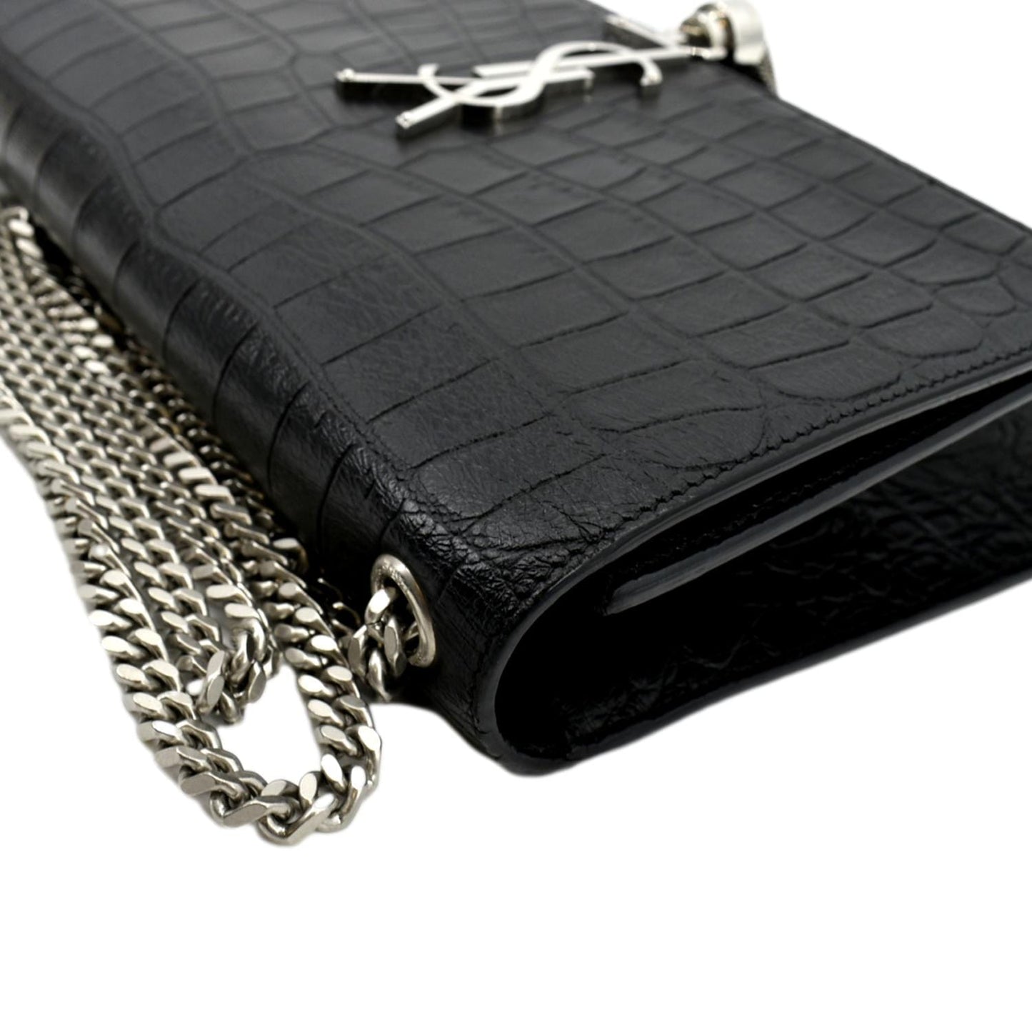 SAINT LAURENT Kate Crocodile Embossed Leather Shoulder Bag Black