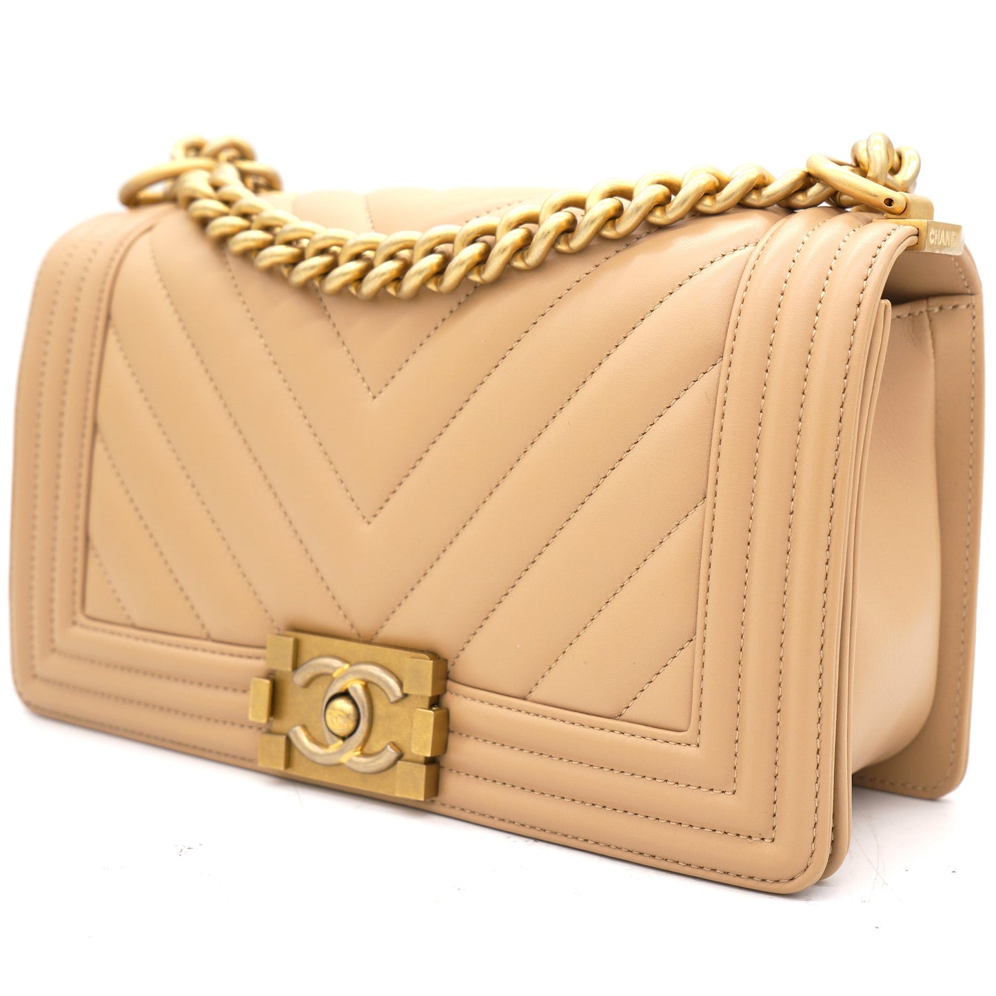 Chanel Beige Chevron Leather Medium Boy Flap Bag