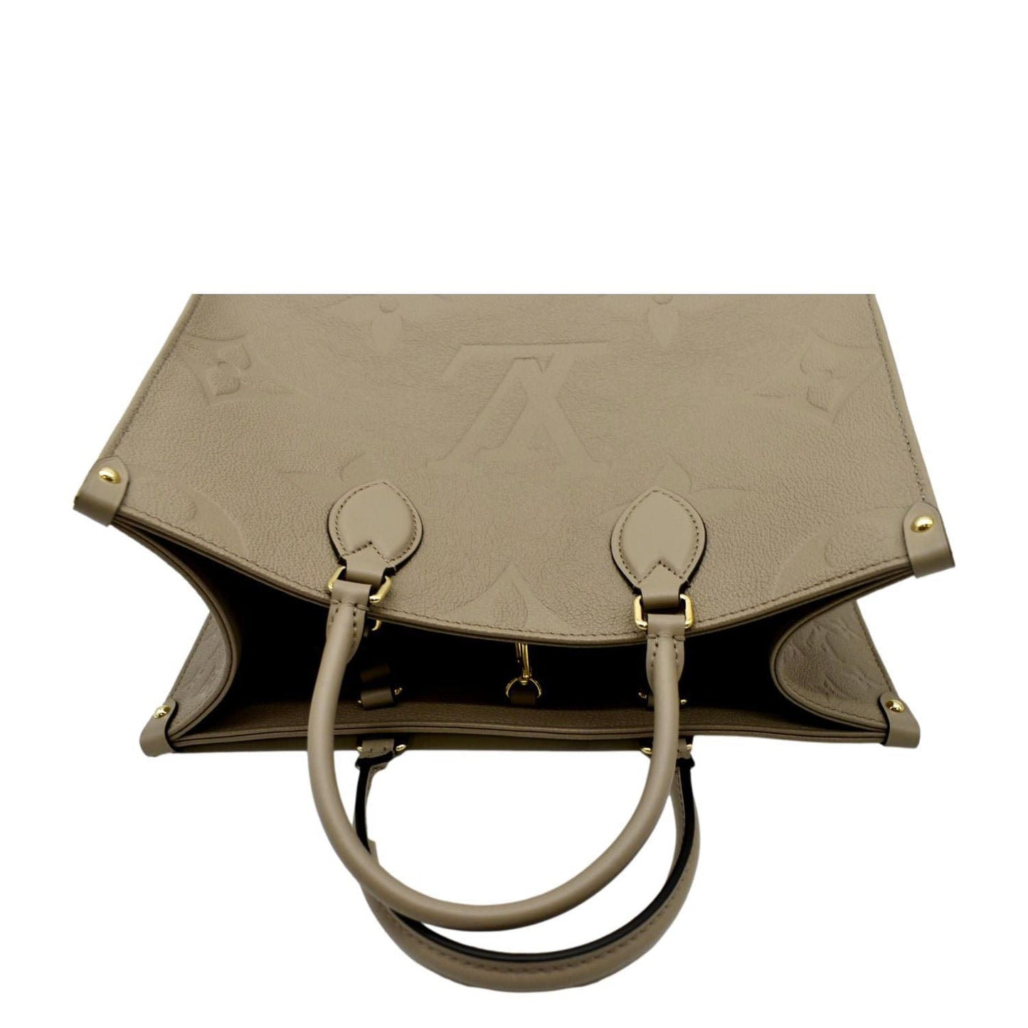 LOUIS VUITTON Onthego MM Giant Monogram Empreinte Leather Tote Bag Beige