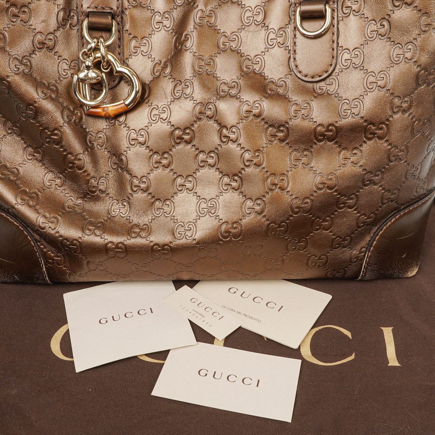 Gucci Guccissima Brown Metallic Leather Heart-Bit Top Handle Tote Bag