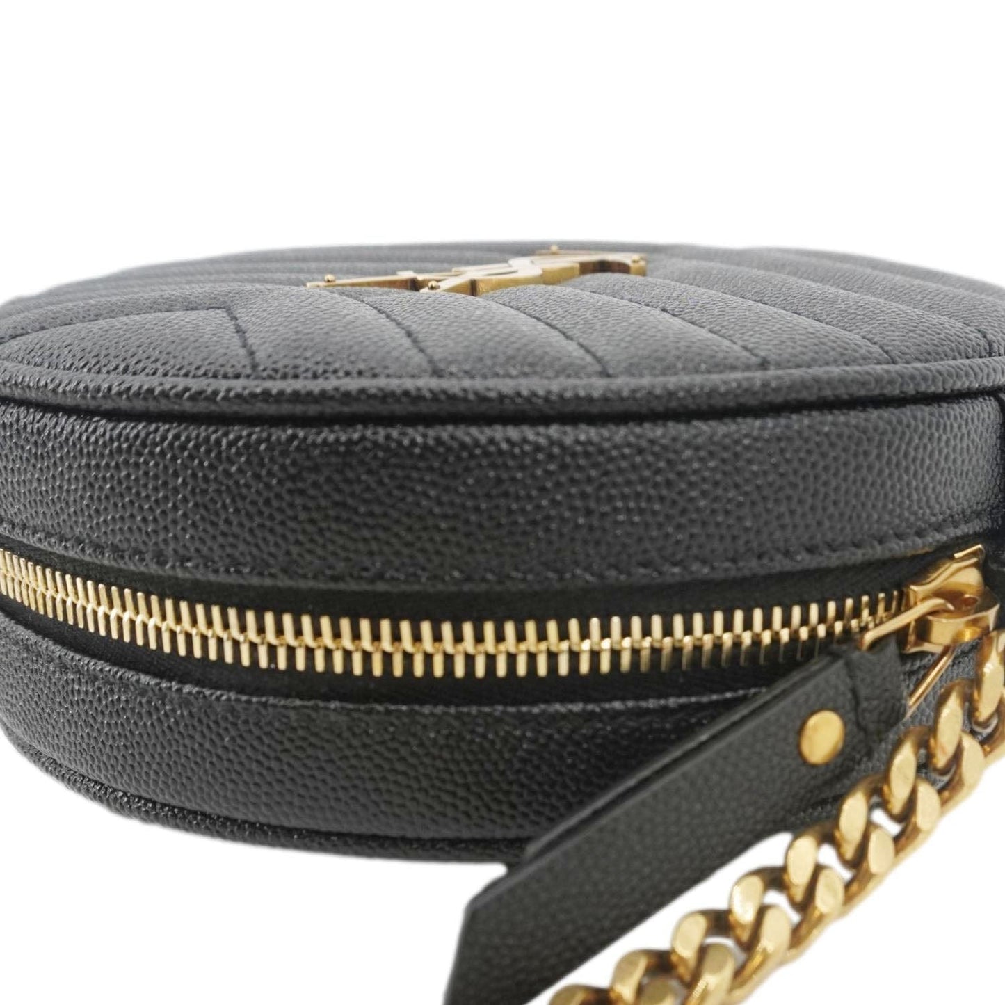SAINT LAURENT Round Chevron Leather Camera Crossbody Bag Black