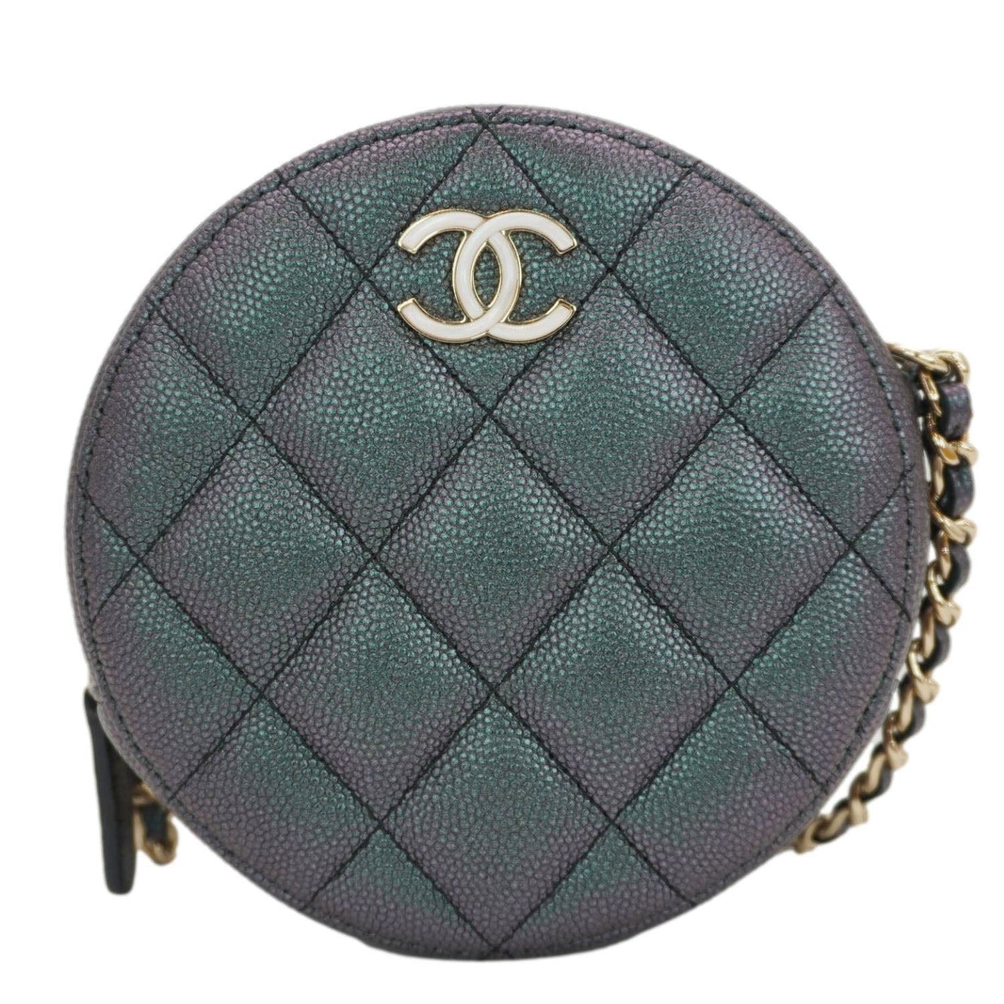 Chanel Round Quilted Iridescent Caviar Leather Clutch Crossbody Bag Green