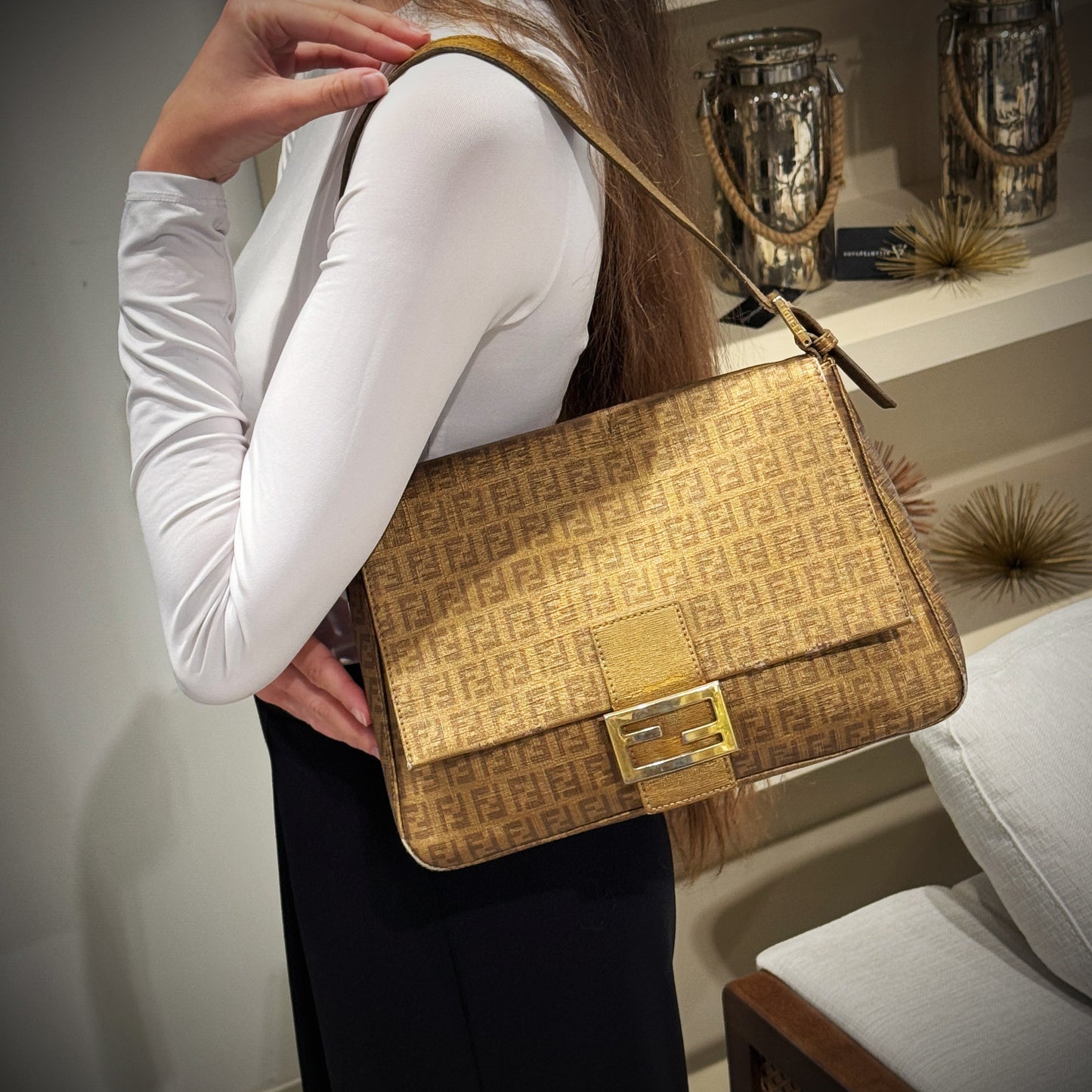 Fendi Gold Zucchino Canvas Mamma Forever Shoulder Bag TWS
