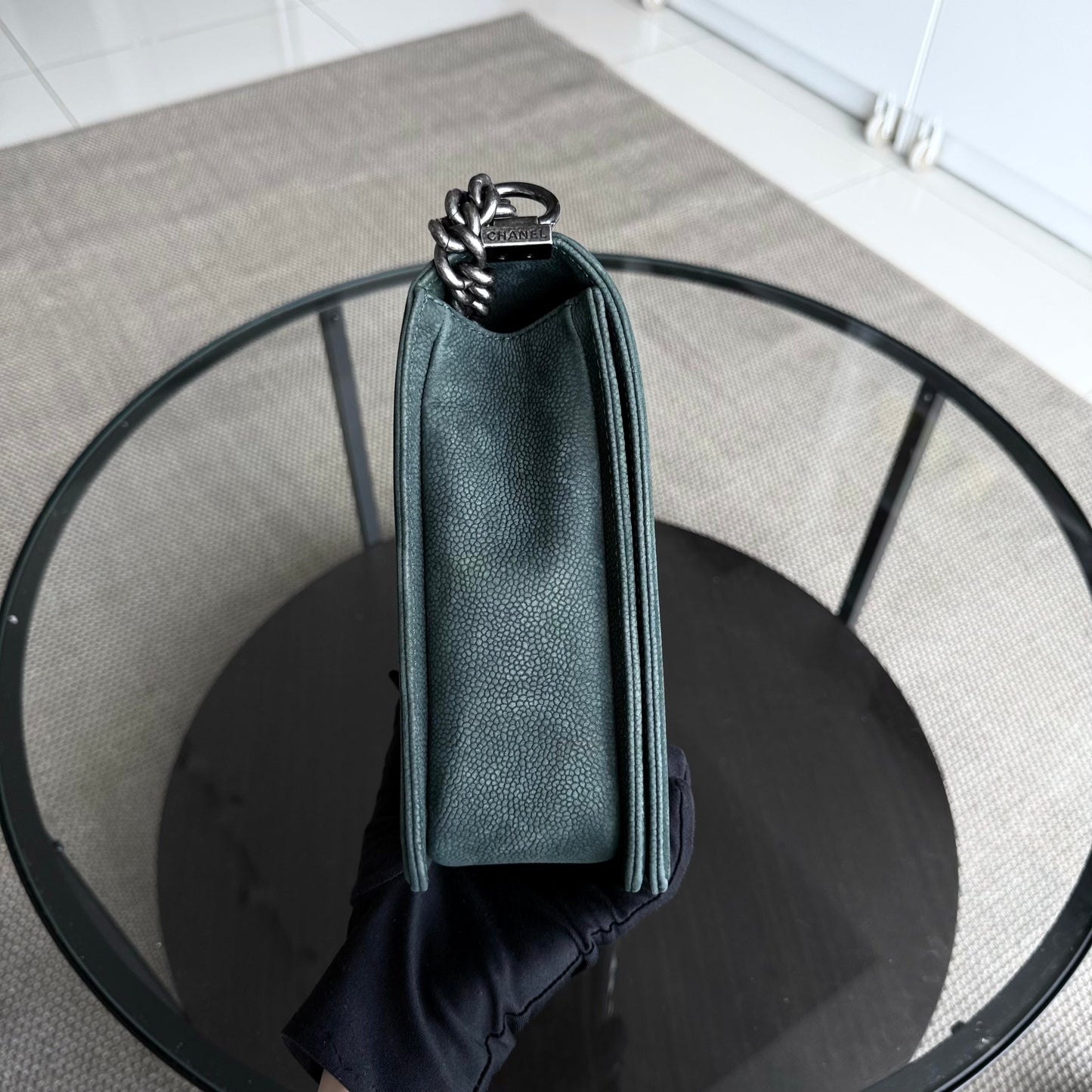Chanel Boy Large - 30CM Quilted Caviar Green Silver Hardware Series 18