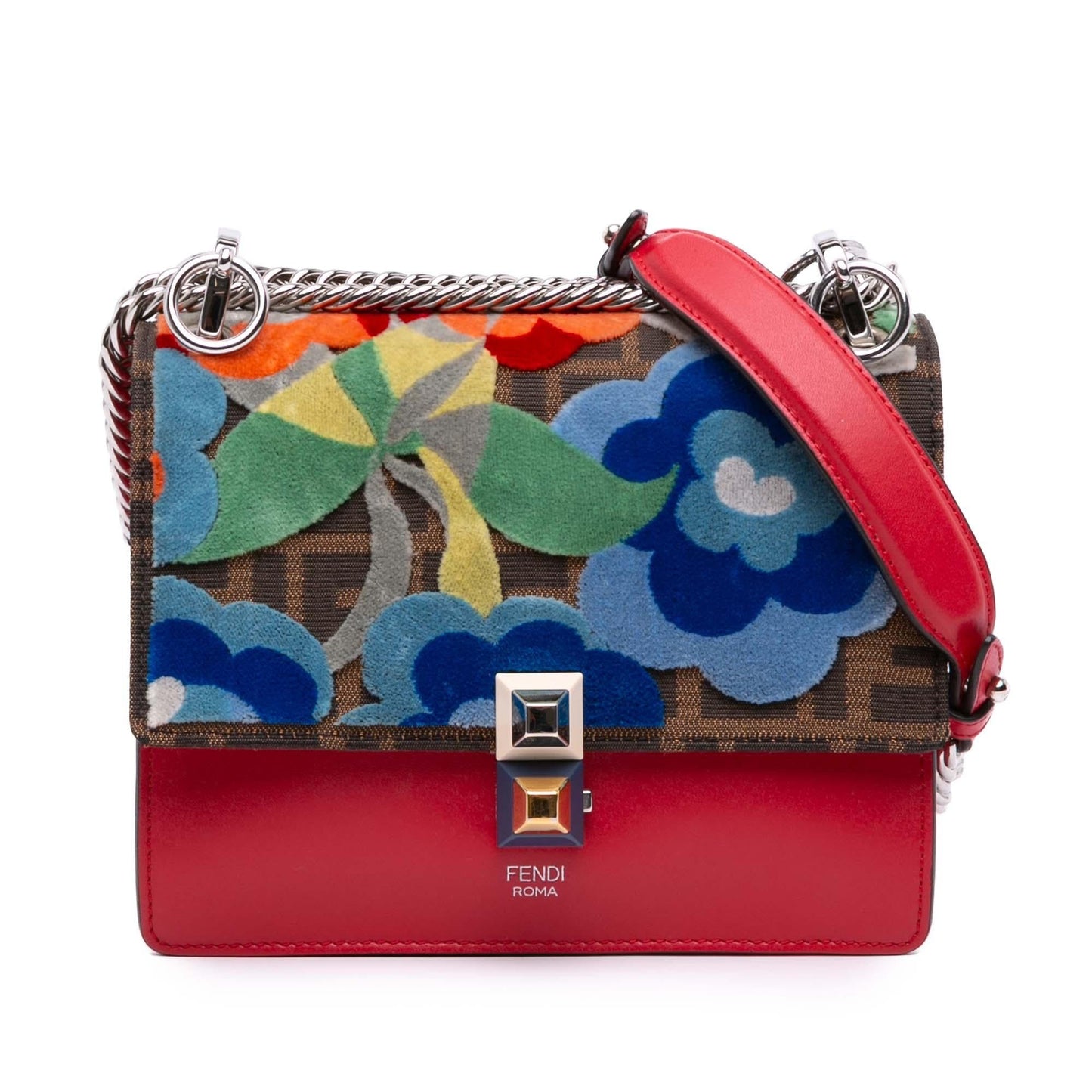 Fendi Small Velvet Embroidered Zucca Canvas and Leather Kan I Crossbody