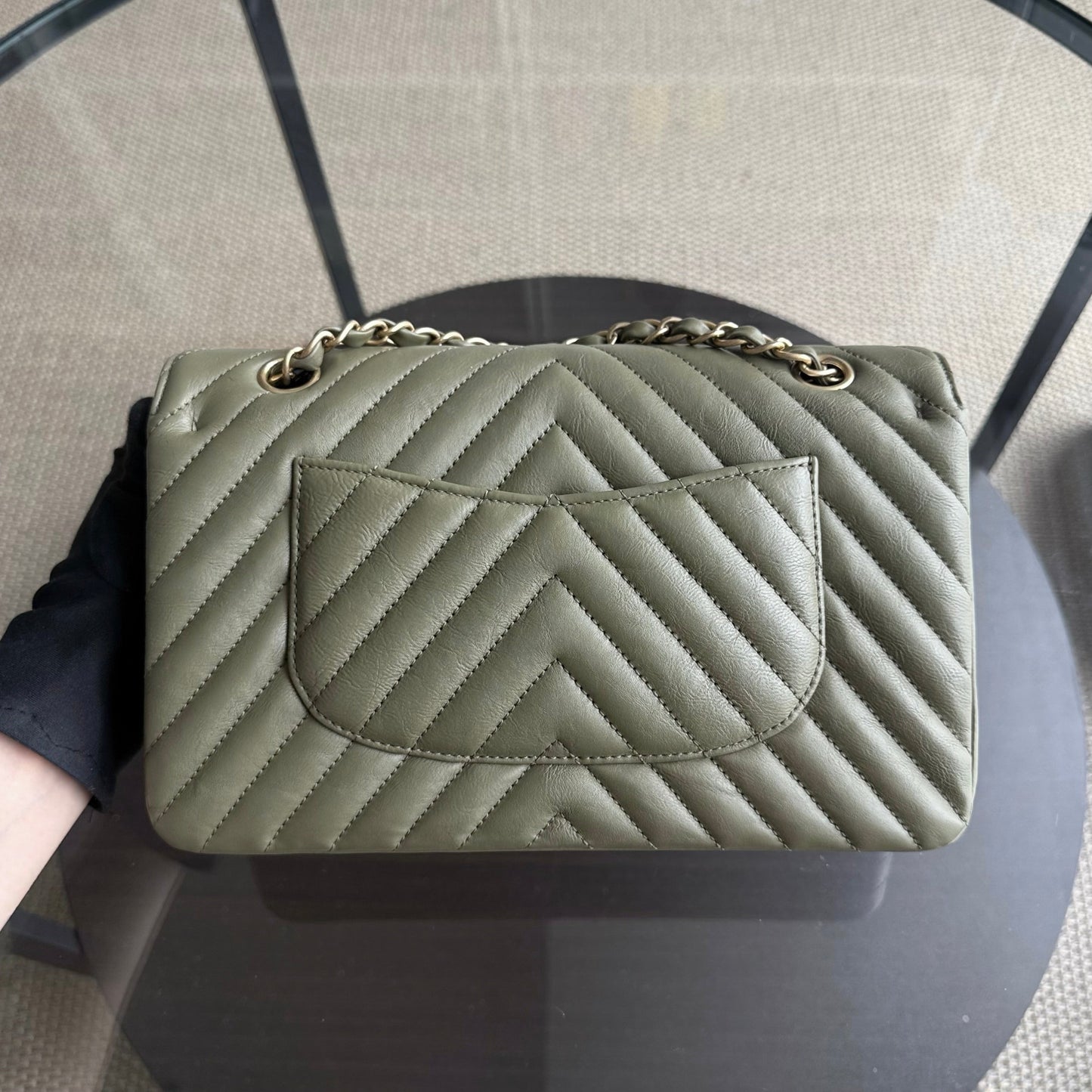 Chanel Classic Flap Medium - 25CM Chevron Grained Calfskin Olive Green Gold Hardware Series 23