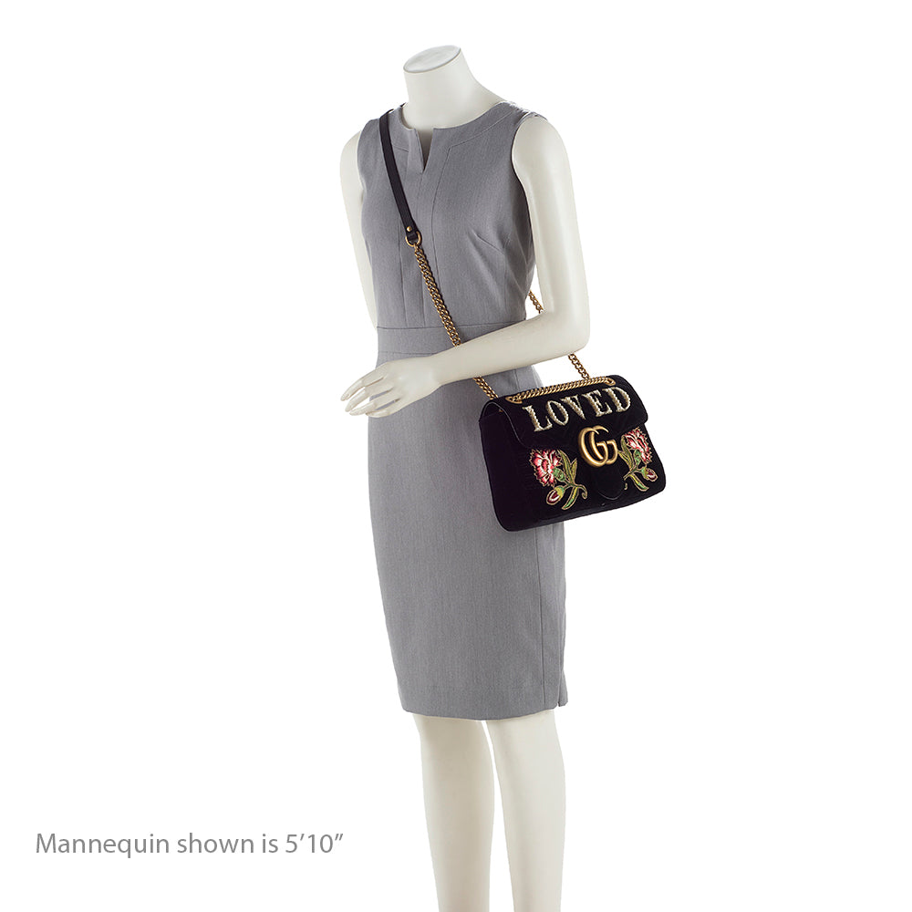 Gucci Matelasse Velvet Embroidered Loved Floral GG Marmont Medium Shoulder Bag (SHF-19350)