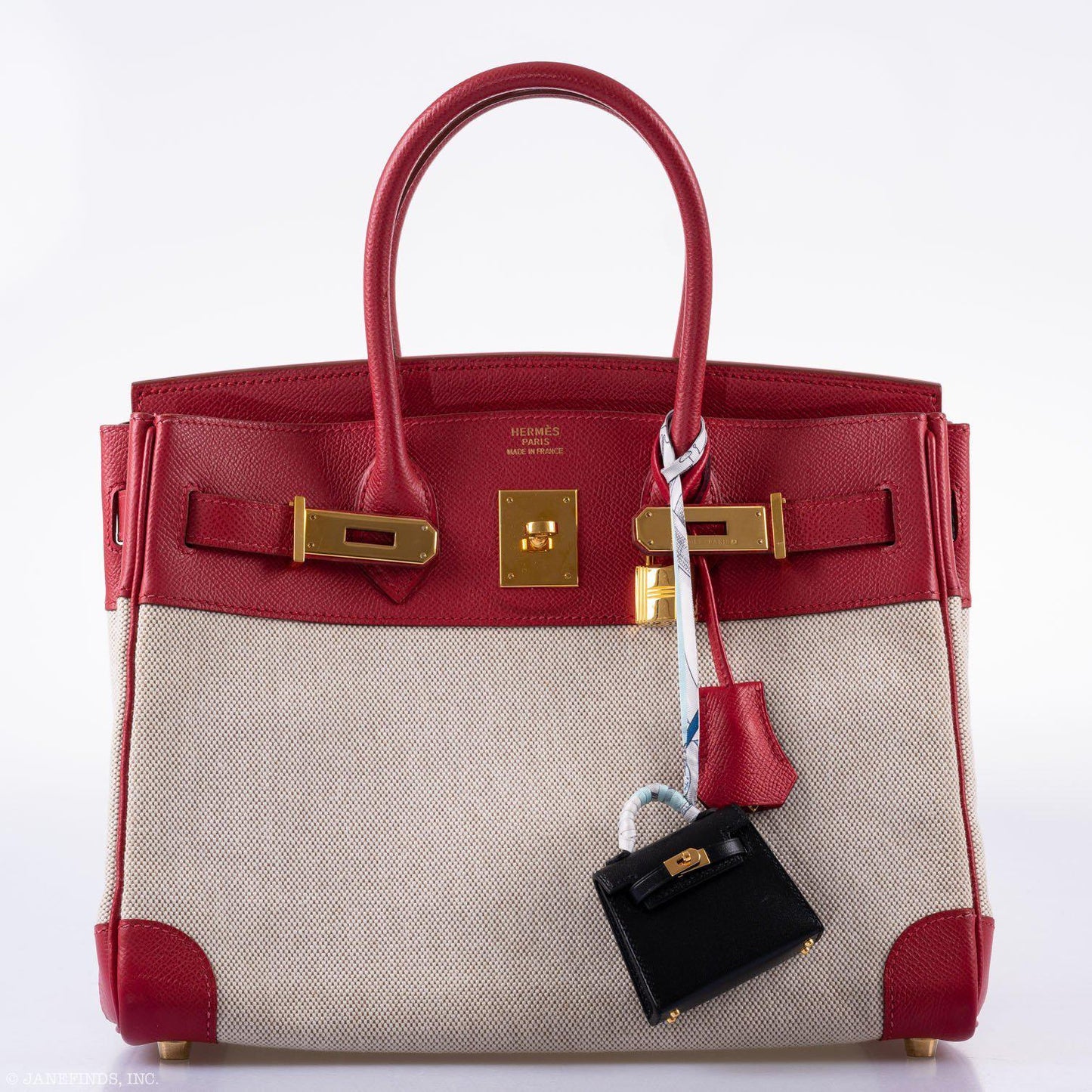 HermesBirkin 30 Toile & Rouge Vif Courchevel Leather Gold Hardware