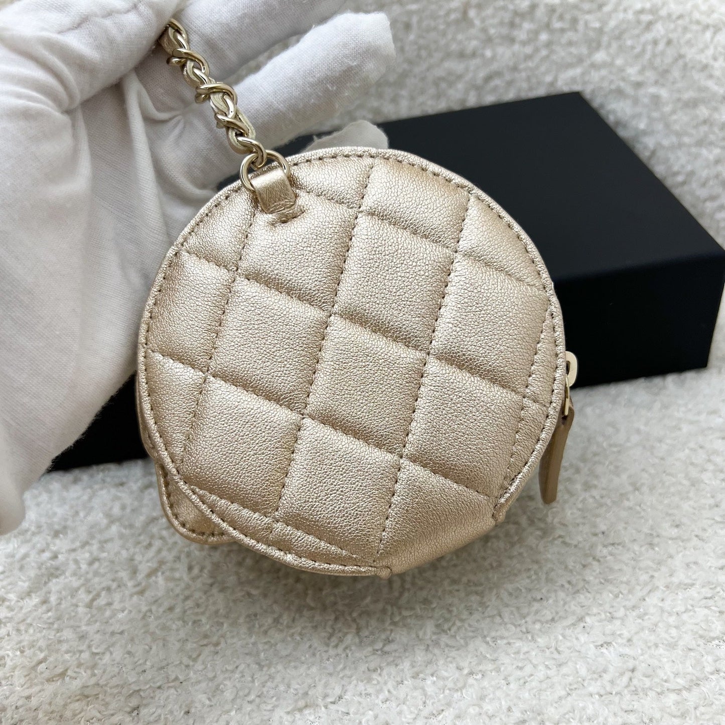 Chanel 2024 VIP Gift Round Pouch and Airpods Holder Bag Charm in Metallic Gold Lambskin and LGHW