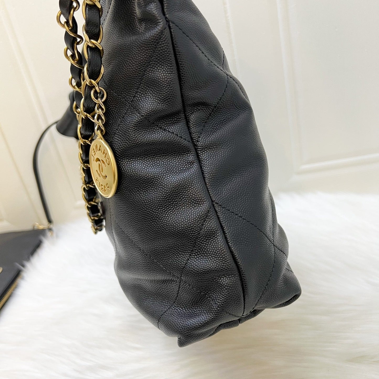 Chanel 22 Small Hobo Handbag in Black Shiny Caviar and AGHW (Model: AS3260)