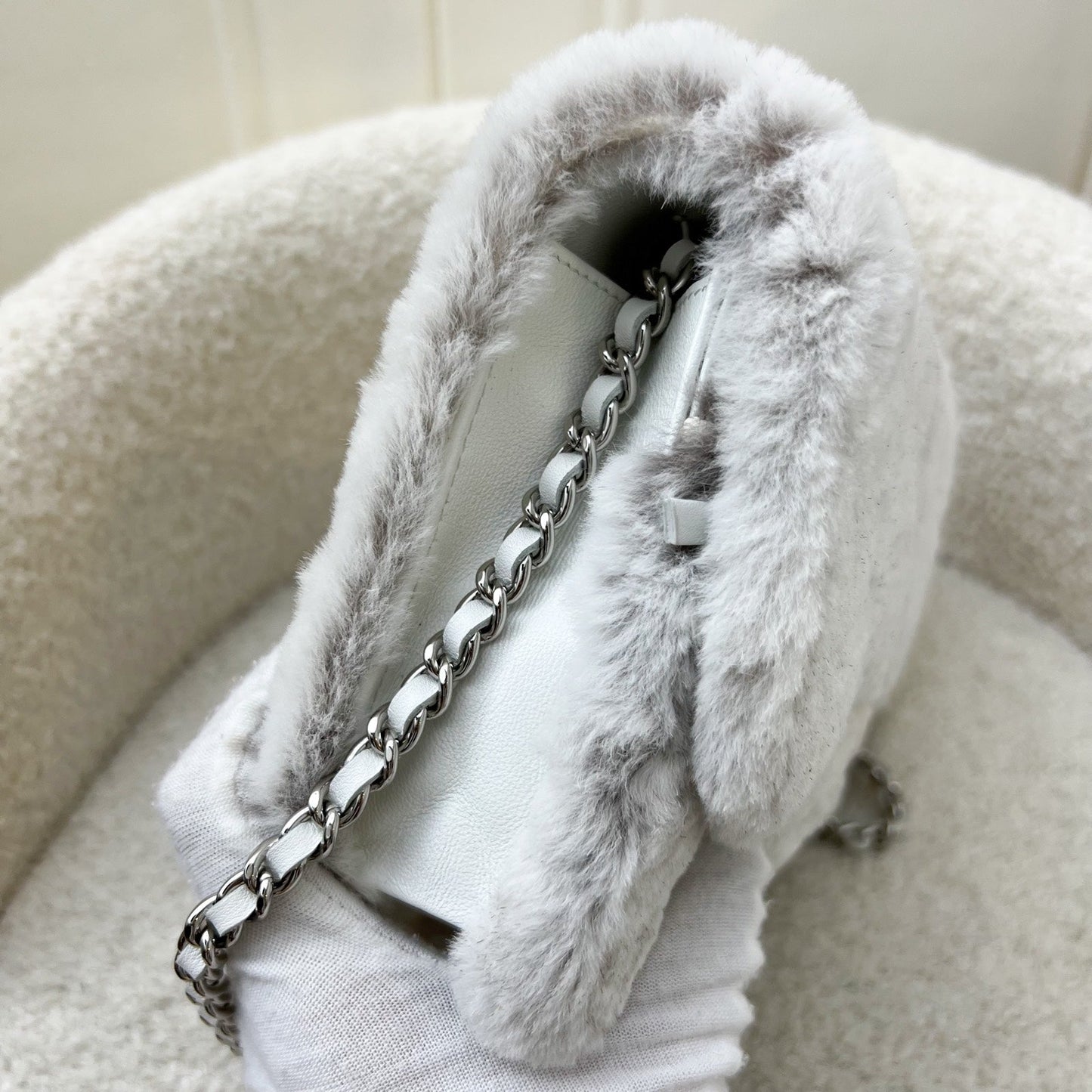 Chanel Wallet on Chain WOC in Shearling, White Leather and SHW Crossbody