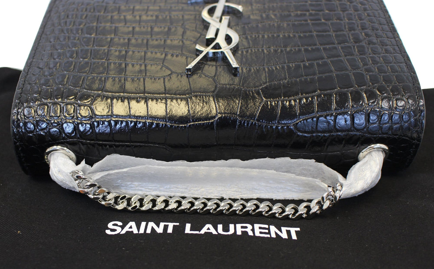 SAINT LAURENT Crocodile Black Leather Silver Chain Clutch Crossbody Bag