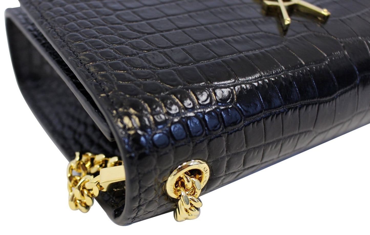 SAINT LAURENT Crocodile Black Leather Gold Chain Clutch Crossbody Bag