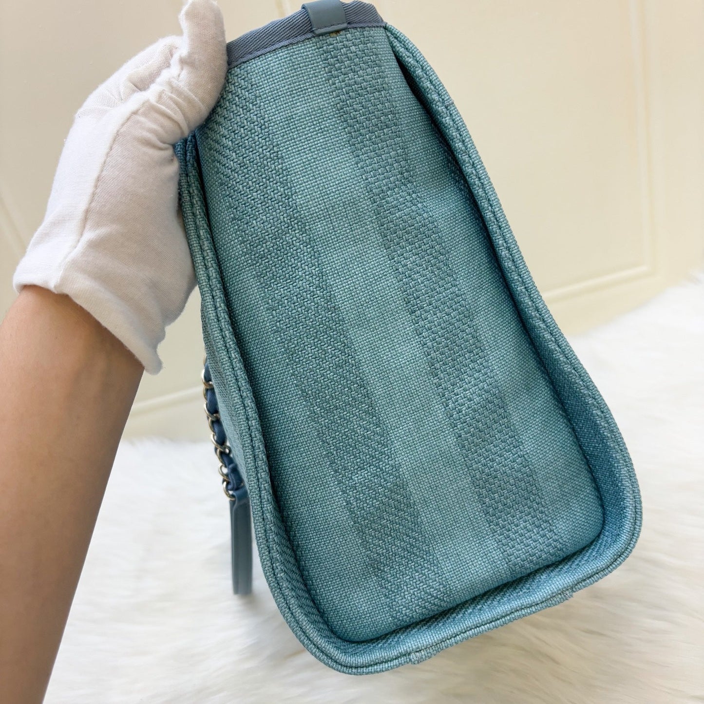 Chanel Small / Medium Deauville Tote in Green / Turquoise Fabric and LGHW (Model: A67001)