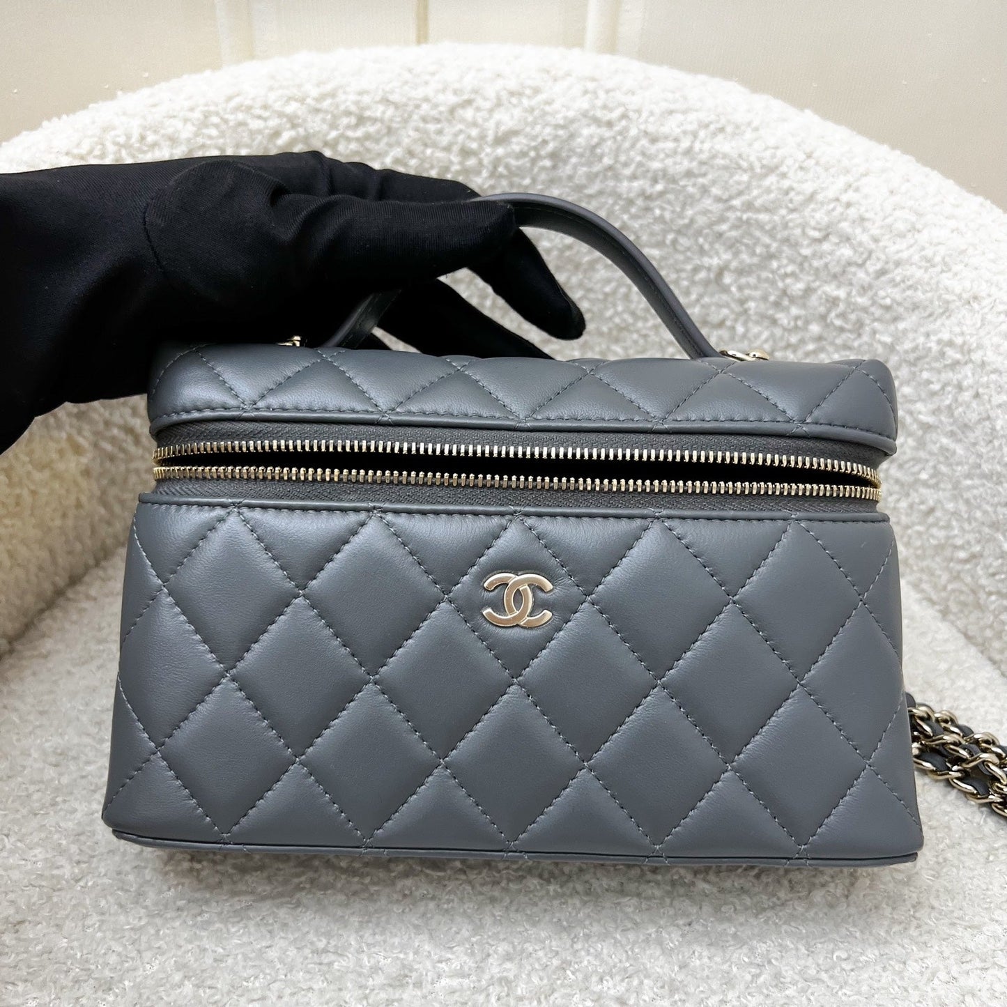 Chanel Vanity / Clutch with Chain (LP Style Bag) in 25B Grey Lambskin and LGHW (Model: AP4385)