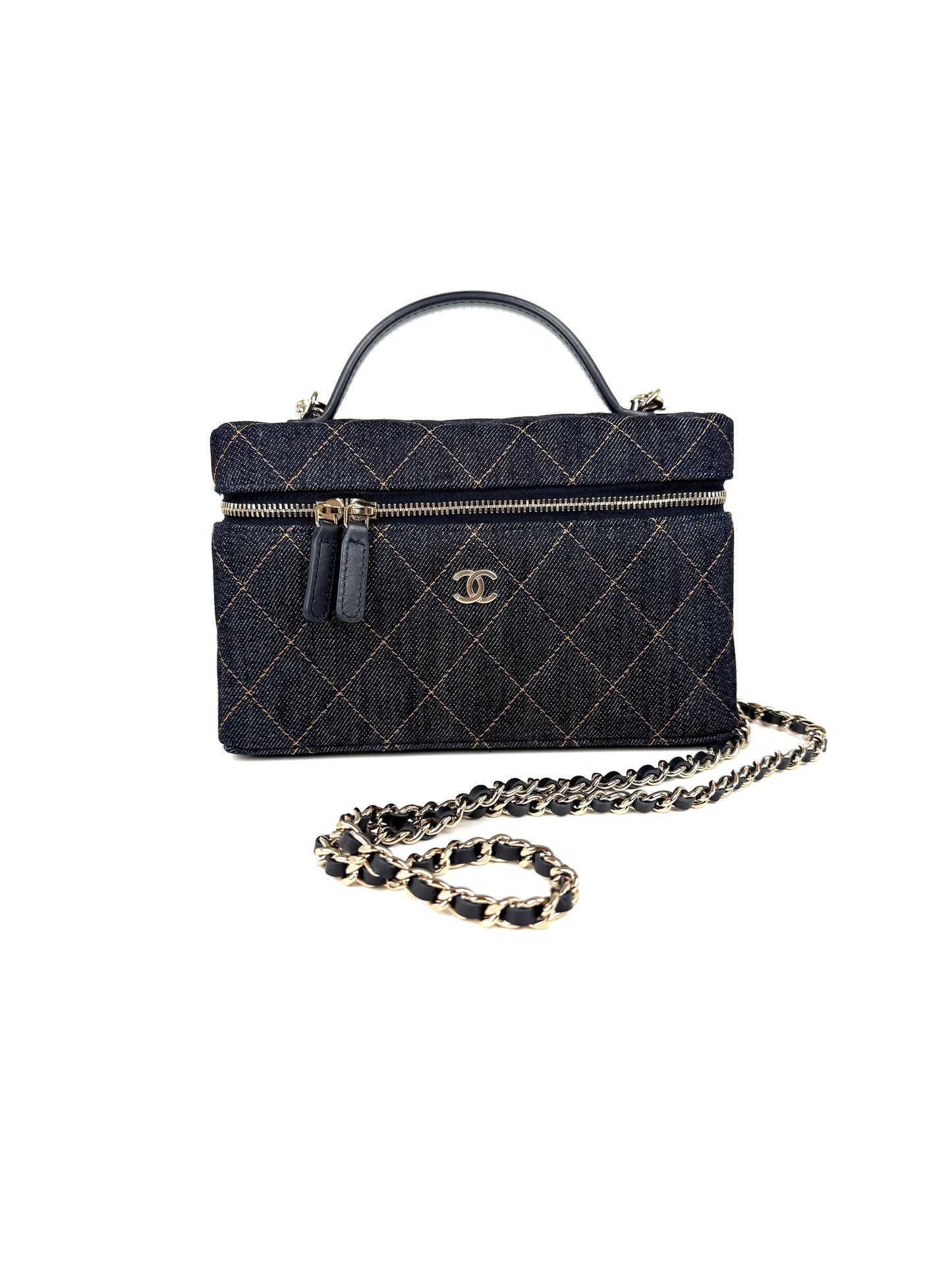 CHANEL Long Classic Vanity Dark Quilted Zip Top Handle Crossbody with Chain Bag New