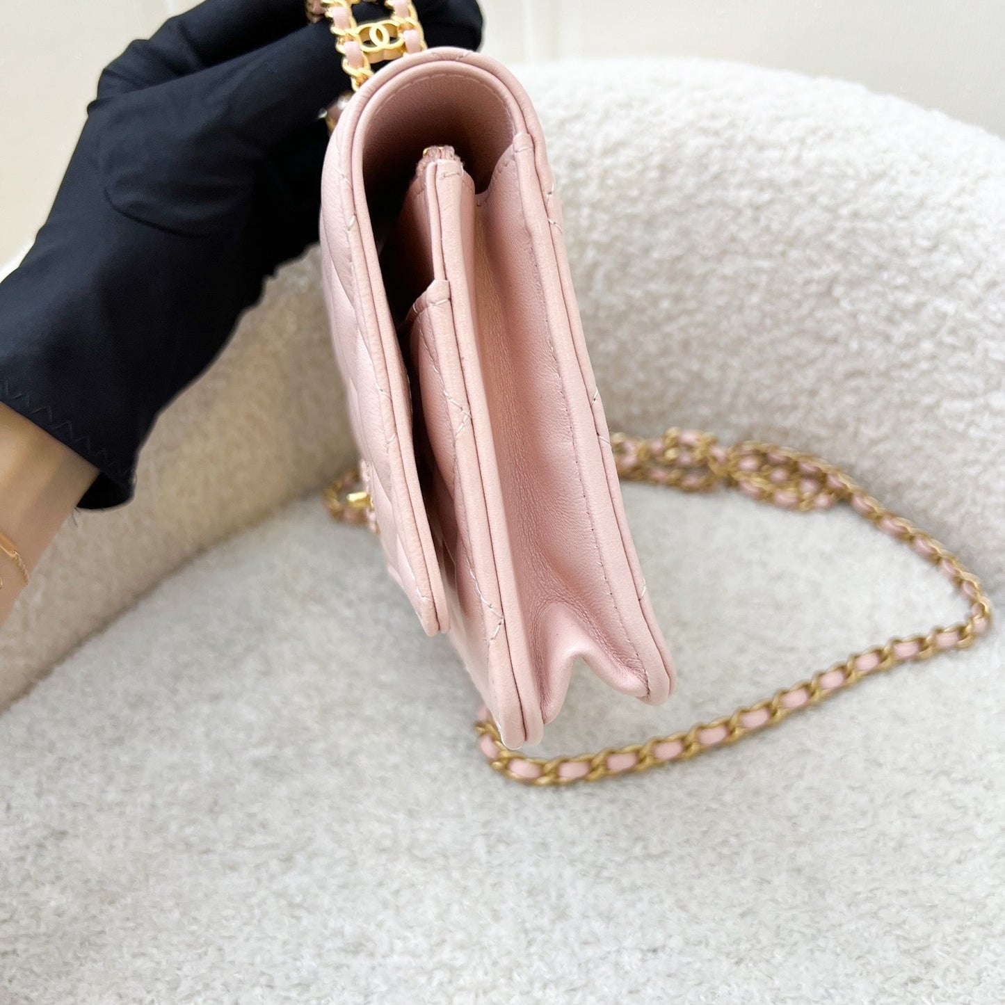Chanel 24C Top Handle Wallet on Chain WOC in Rose Clair Pink Lambskin and AGHW (Model: AP3664) Crossbody