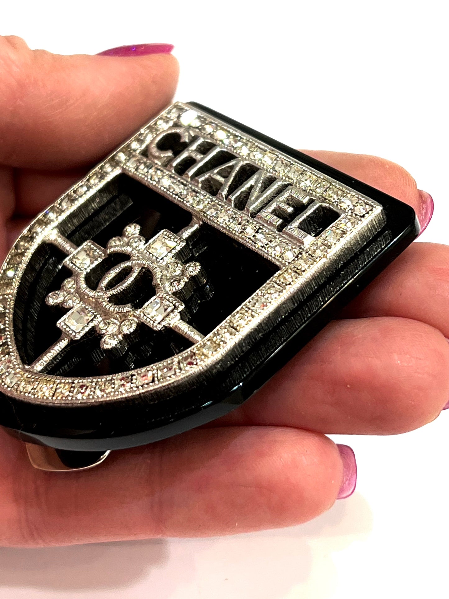 CHANEL CC Crystal Crest Shield Armor Brooch Handbag