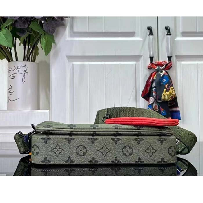 Louis Vuitton LV Unisex Trio Messenger Khaki Green Vermillion Red Monogram Canvas Cowhide Leather