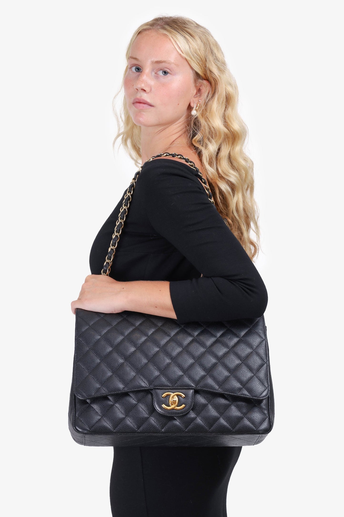 Chanel 2017 Black Caviar Leather Maxi Double Flap Bag